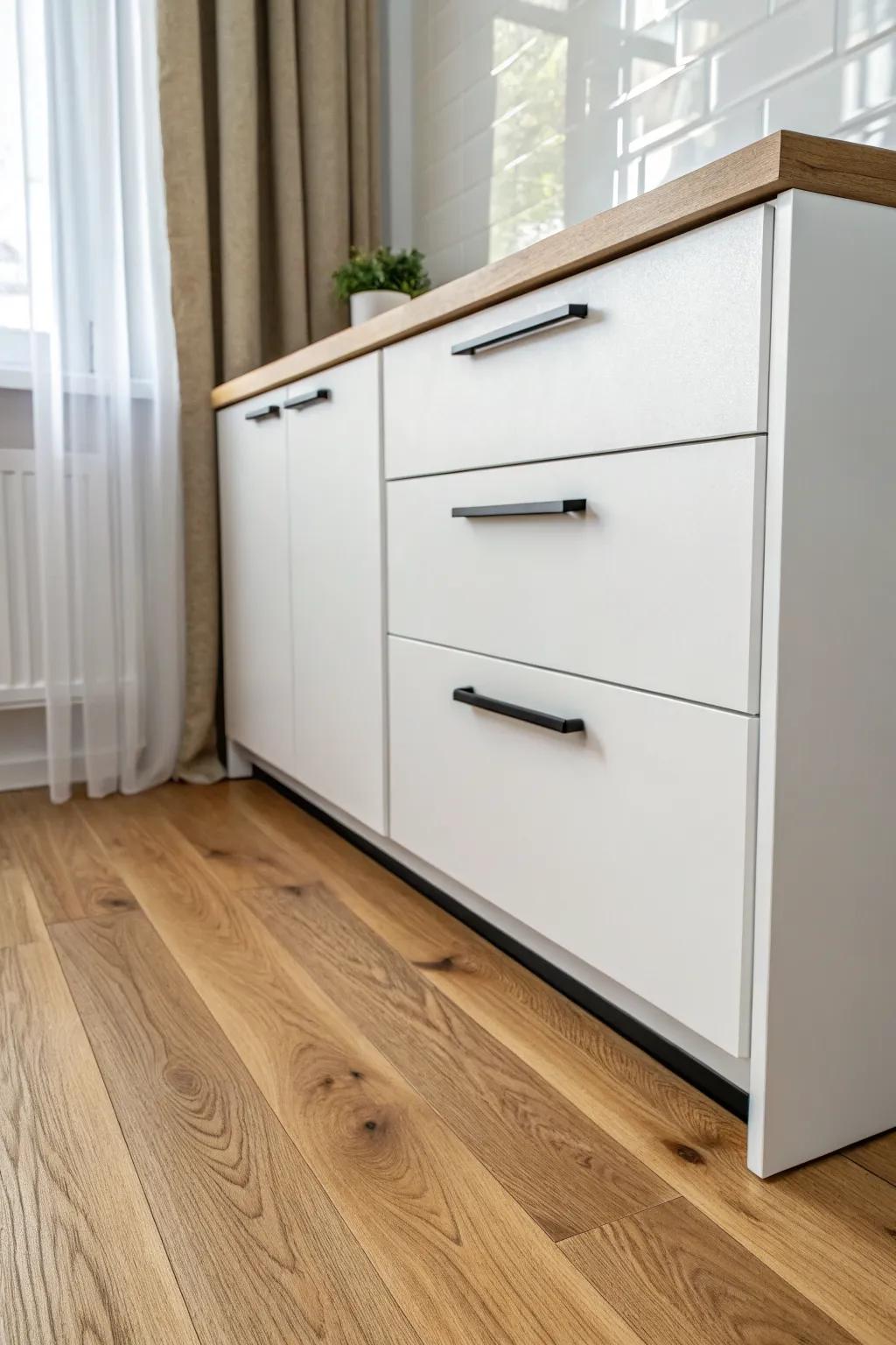 Wide oak planks make the floor the star—pair with flat fronts and slim black pulls.