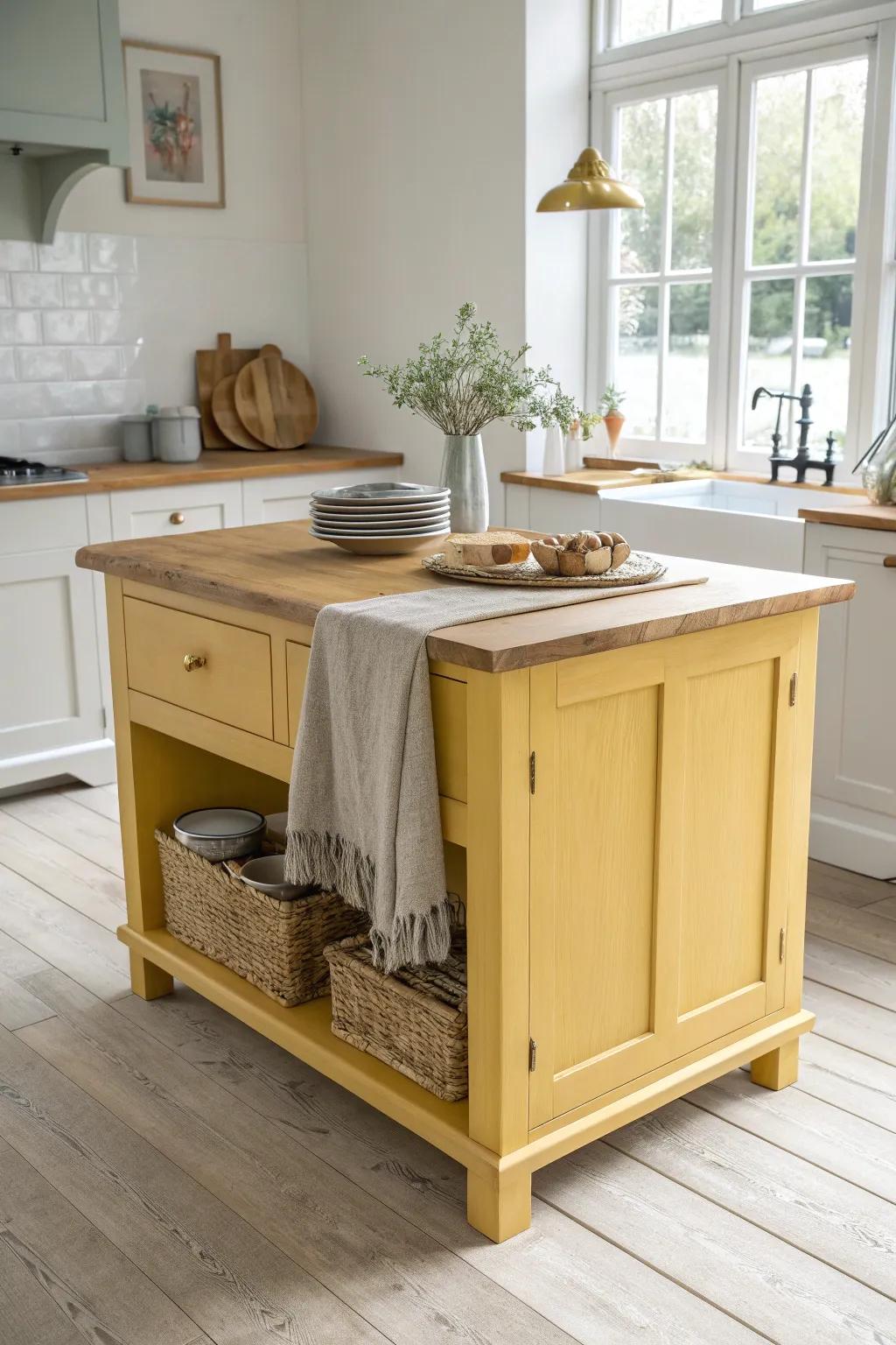 Sunny mustard yellow on a wood-topped island adds instant warmth without overpowering a neutral kitchen.
