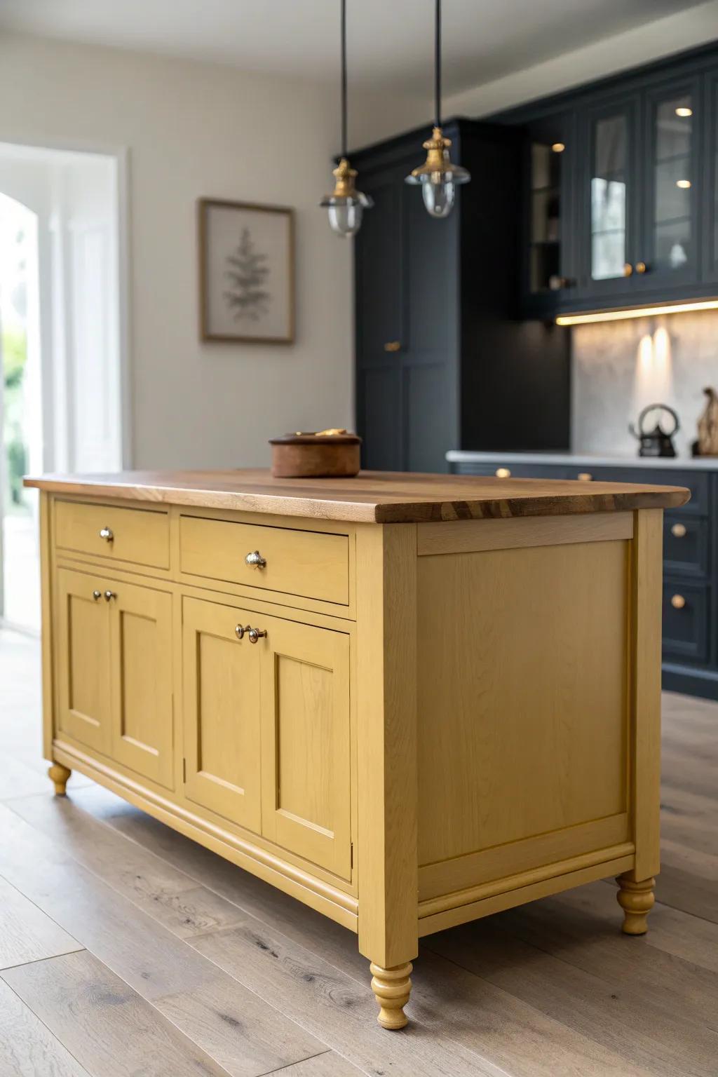 Mustard island warmth against dark cabinets—vintage energy with Scandinavian calm.