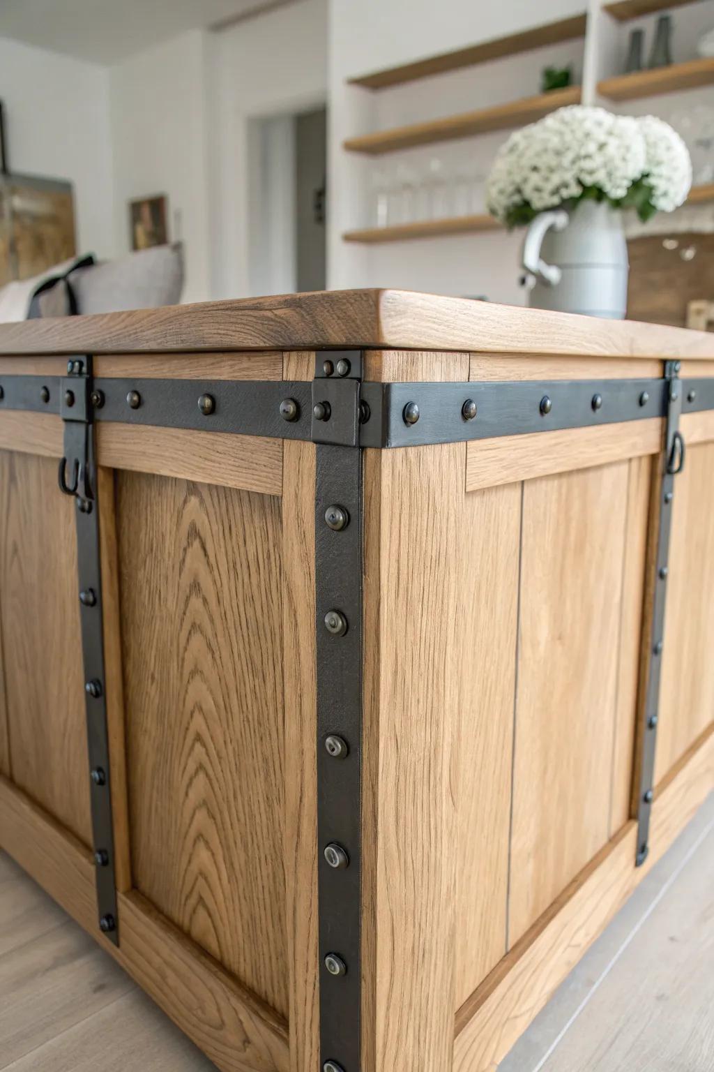 Oak island front with matte black metal straps and rivets—minimal, rugged, beautifully crafted.