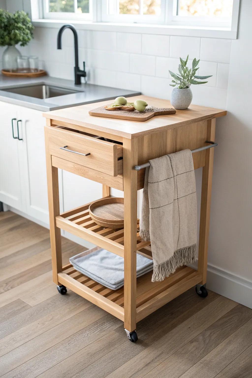 Slide-out maple cutting board: extra prep space, zero clutter—perfect for a rolling kitchen island.