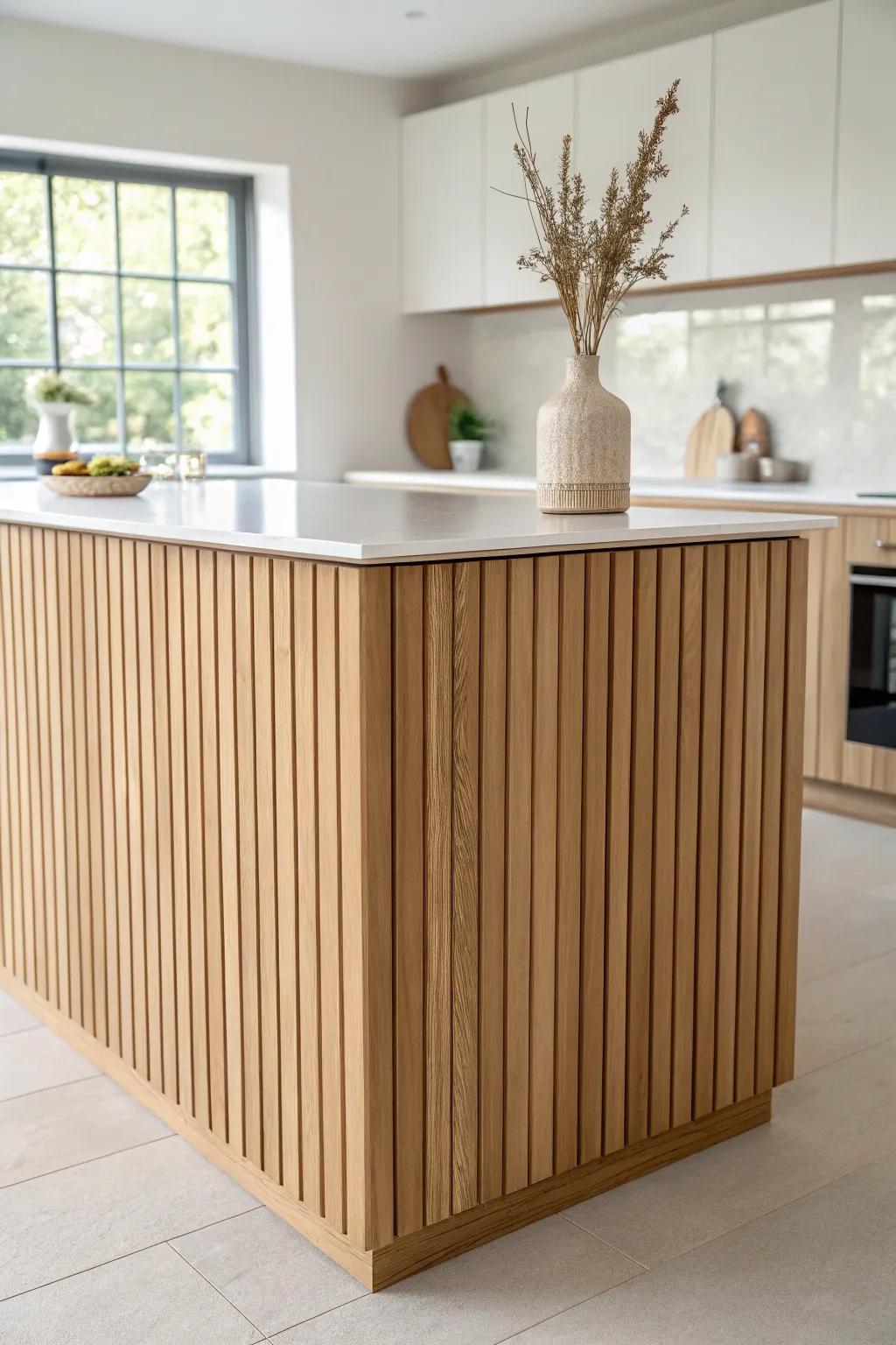 Light oak fluted island wrap—minimal, warm, and textured as sunlight skims every groove.