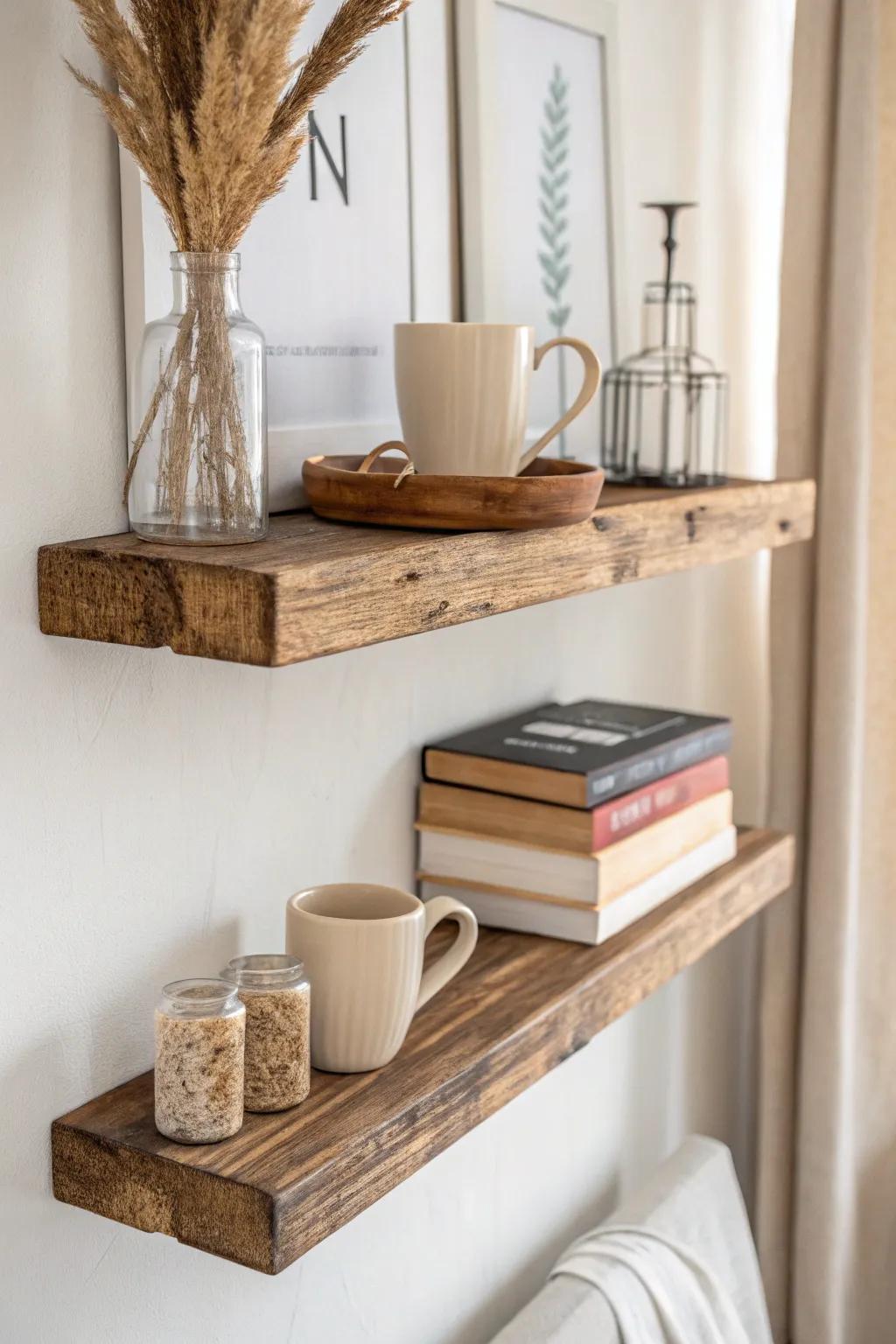 Reclaimed wood floating shelf keeps breakfast nook essentials handy—simple, warm, beautiful.