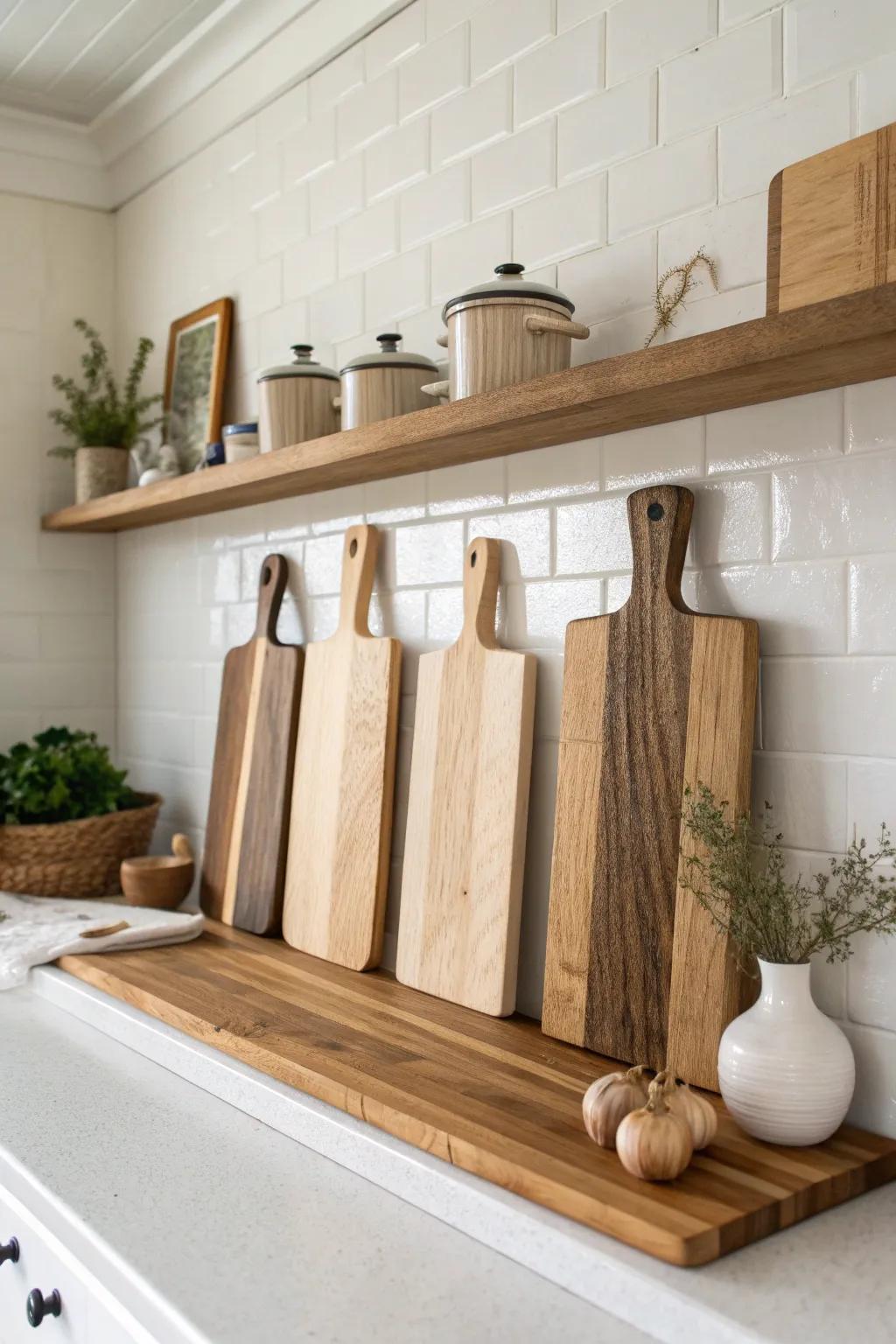 Mini cutting-board gallery: overlapping small boards that turn shelves into warm wood art.