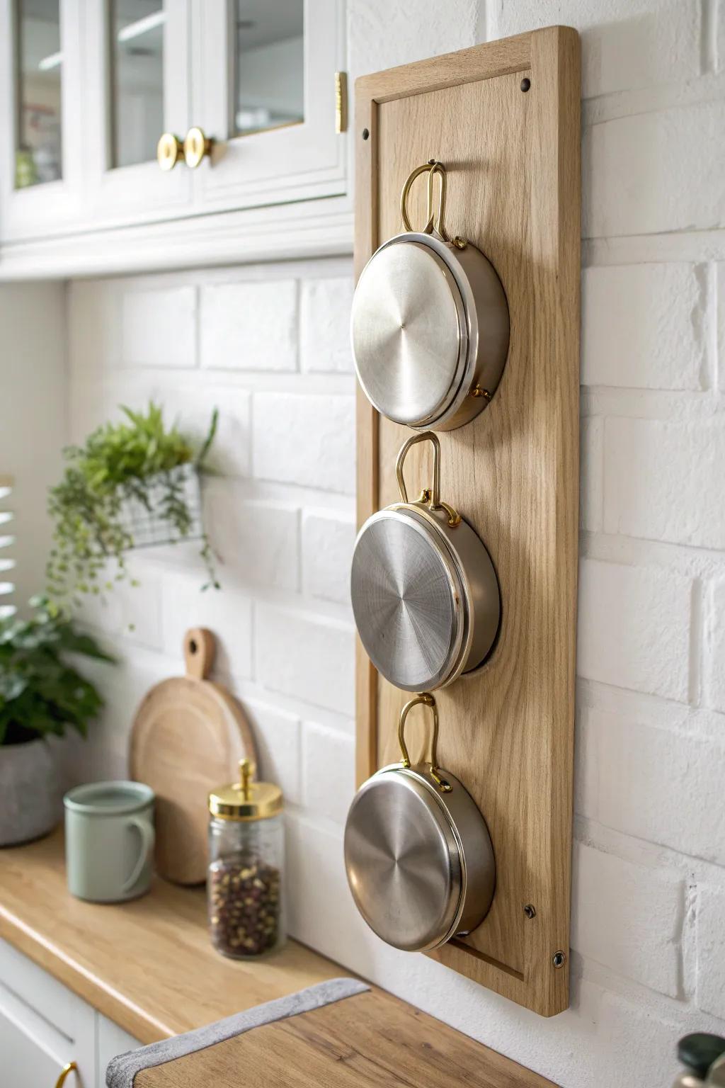 Slim wall hooks keep pot lids spaced, silent, and beautifully organized—no more clanging.