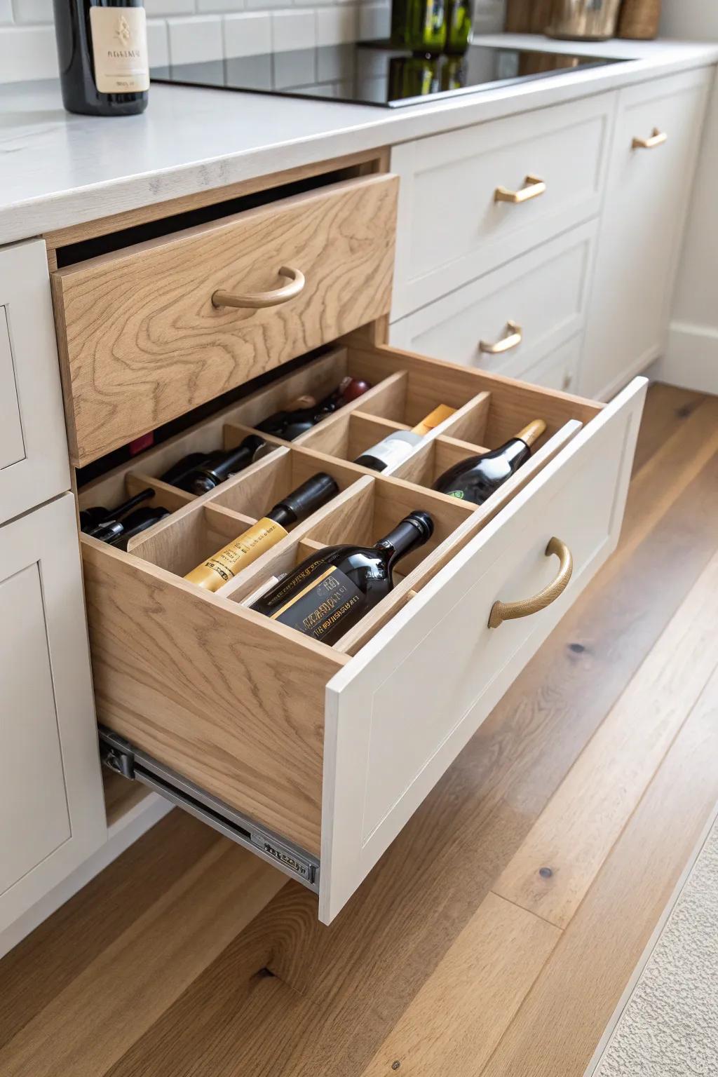 A hidden toe-kick drawer turns dead space into sleek wine storage—party backups stay handy.