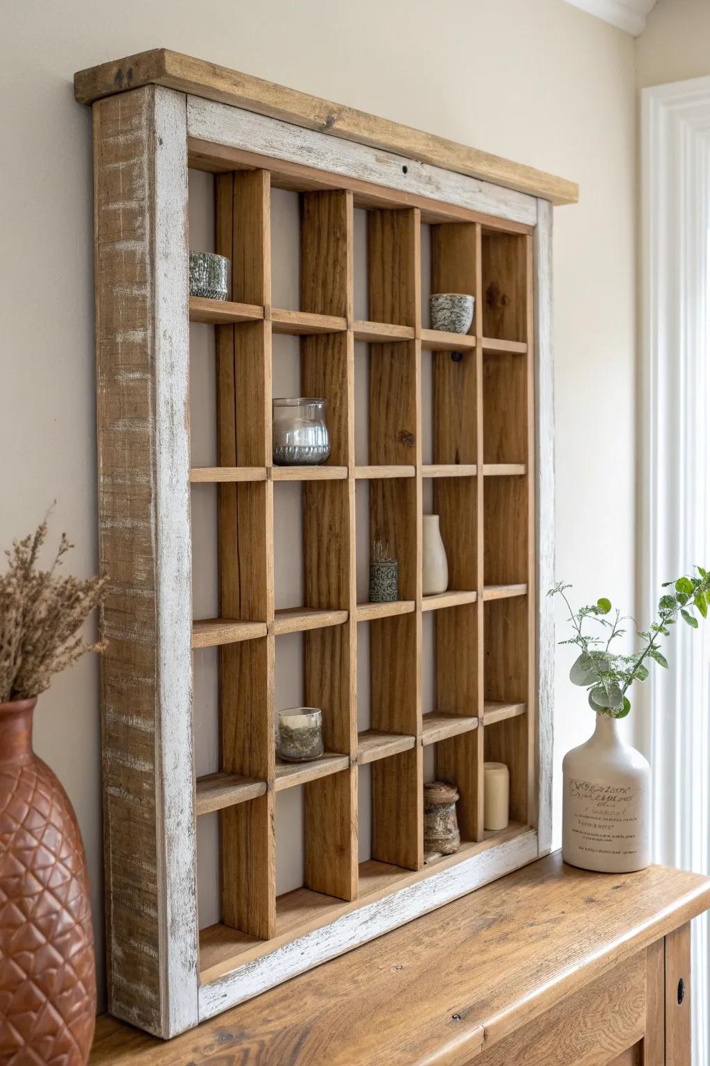 Window-frame cubby shelf—vintage panes turned into a minimalist stage for tiny treasures.
