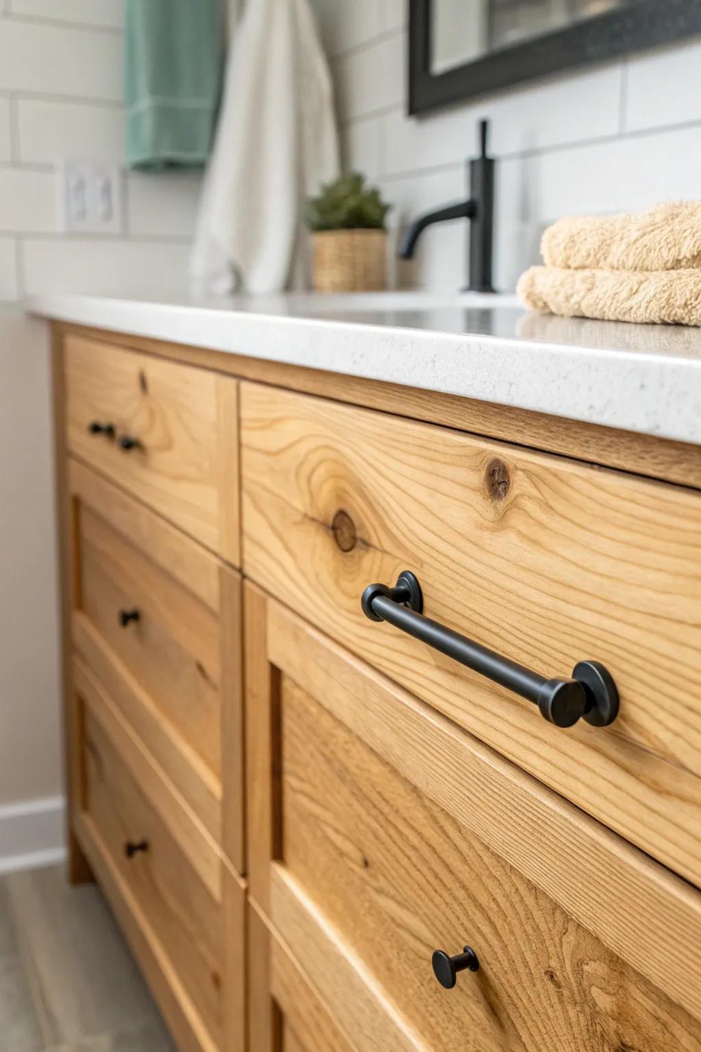 Matte black pulls give knotty pine a crisp, modern farmhouse upgrade.