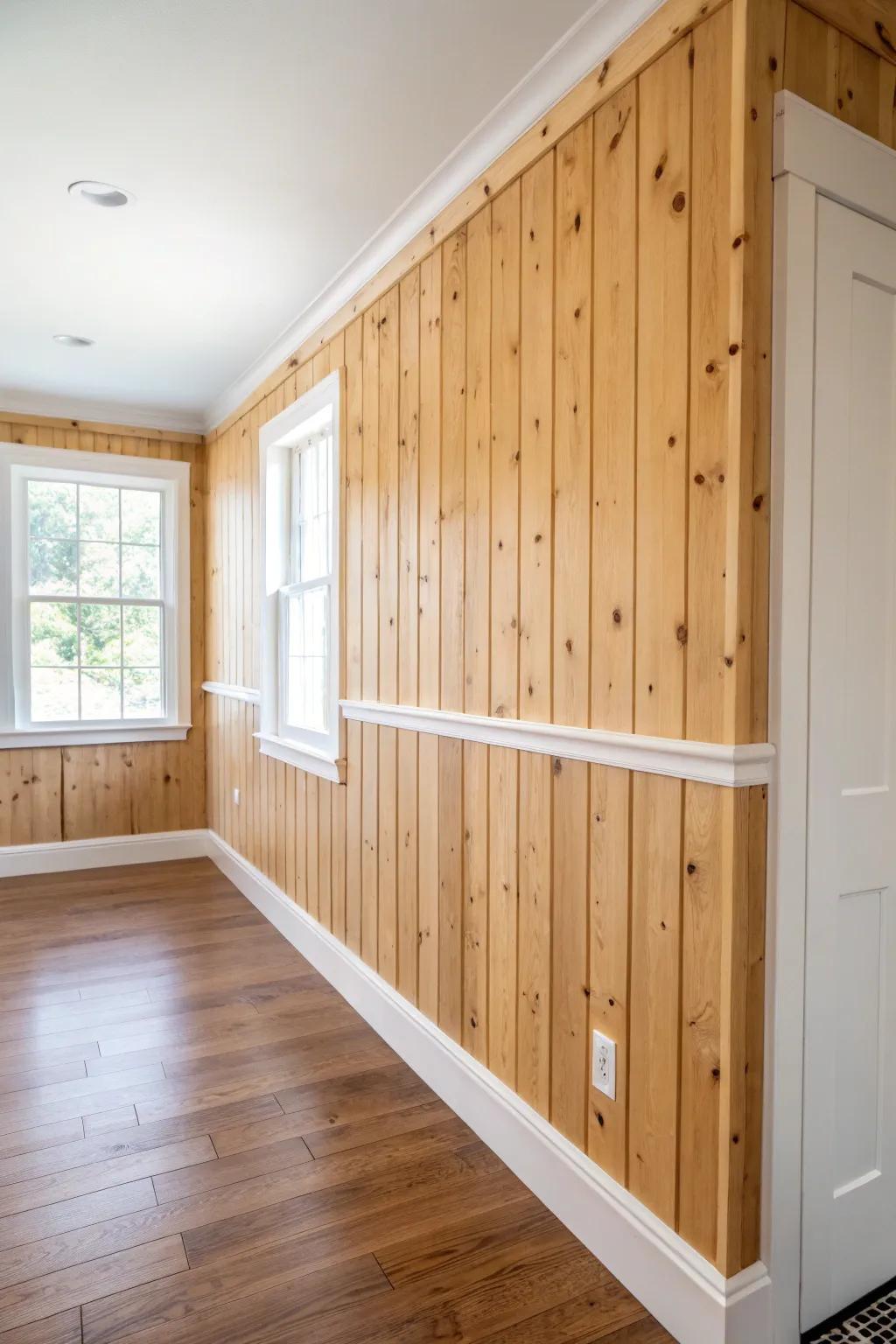 Vertical below, horizontal above—knotty pine paneling that looks calm, intentional, and custom.