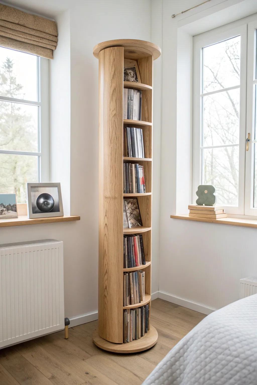 Space-saving rotating tower shelf: a satisfying, stylish way to browse your K-pop albums.