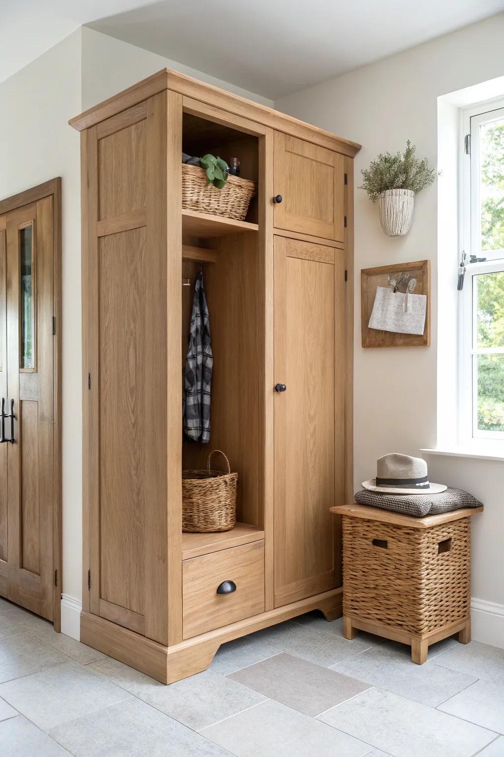 A diagonal corner cabinet softens the L-shaped mudroom and adds roomy storage in style.
