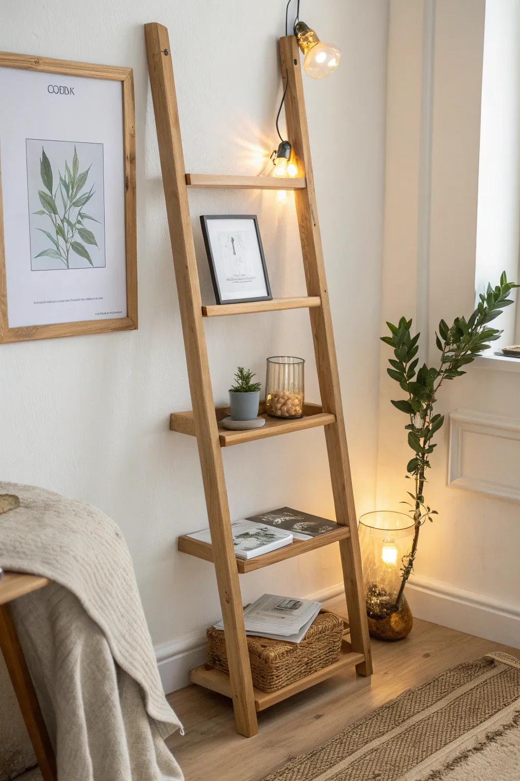 Clamp a petite light to your ladder shelf for a cozy, gallery-style glow after dark.