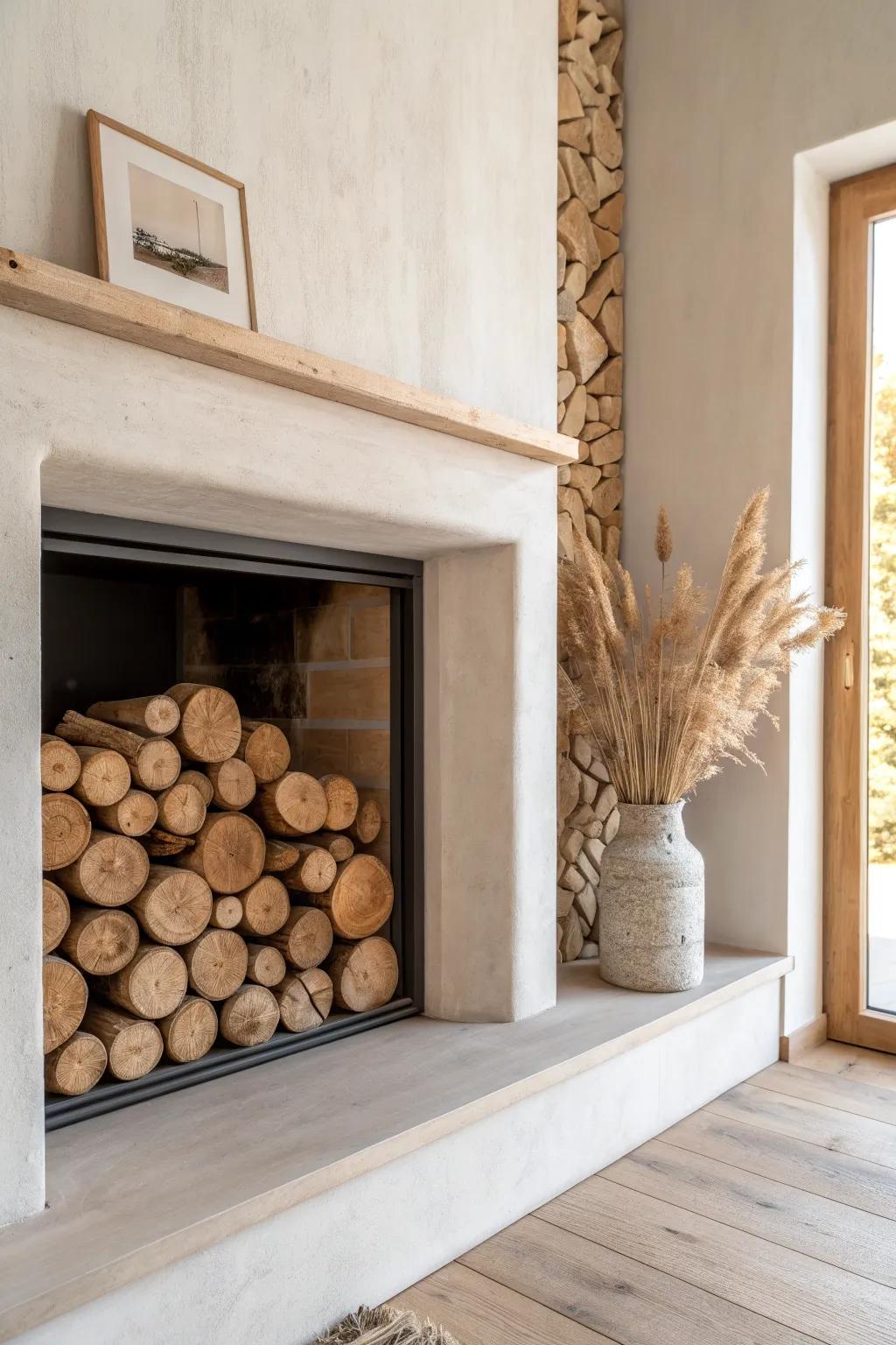 A built-in firewood niche adds rustic texture and calm warmth to a minimalist lake house fireplace.
