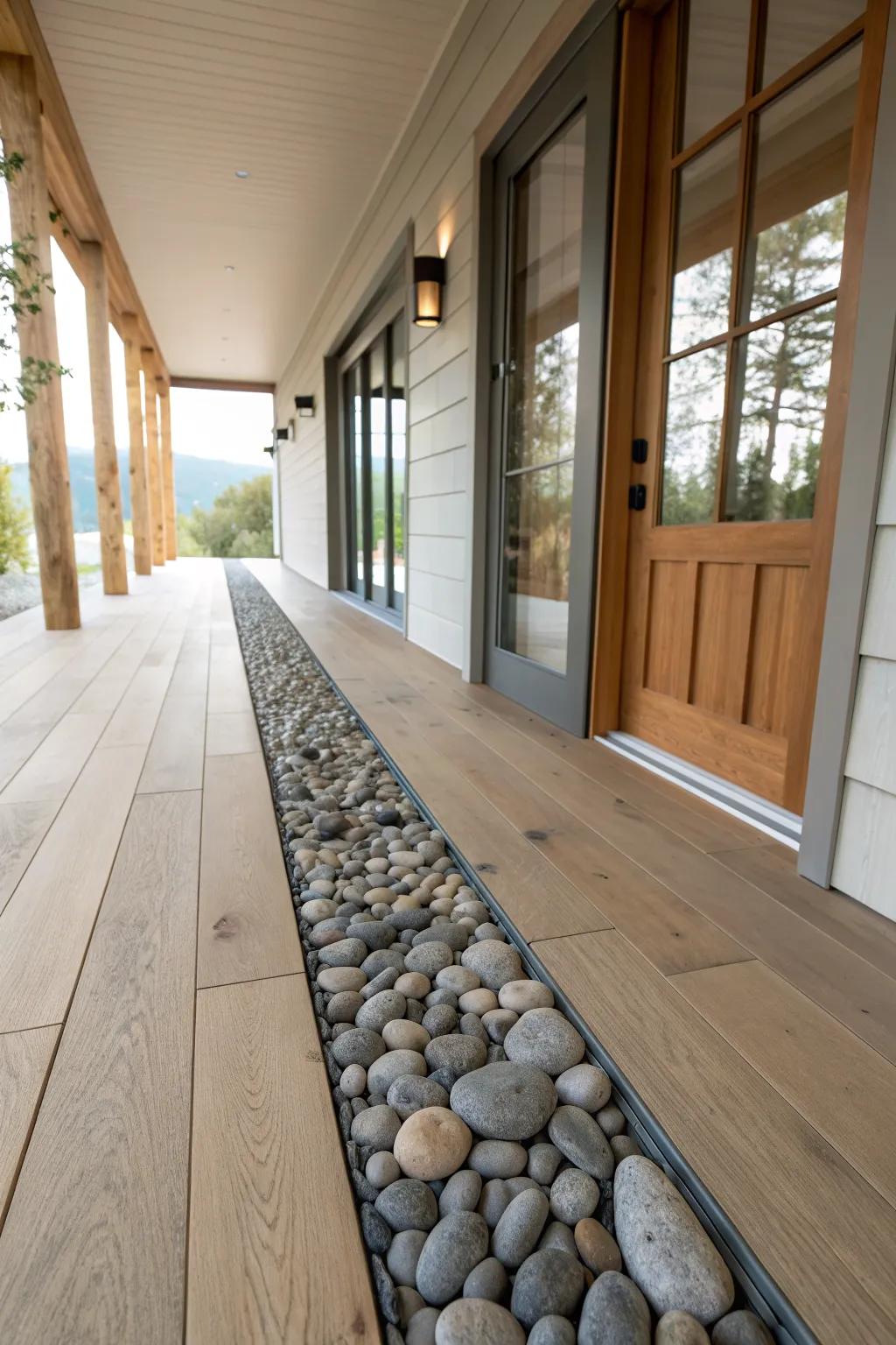 A slim river‑rock inset strip adds a beautiful lake‑house “drip zone” at the door.