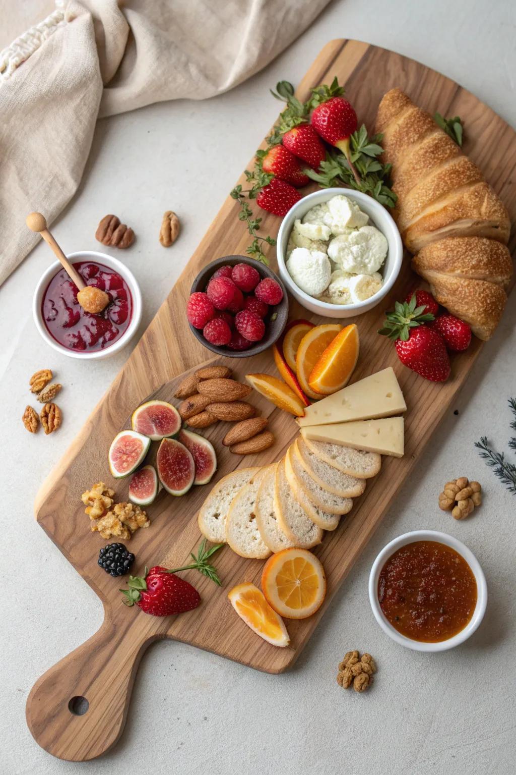 Brunch-ready charcuterie board: fruit, cheese, croissant bites, yogurt dip & jam on warm wood.