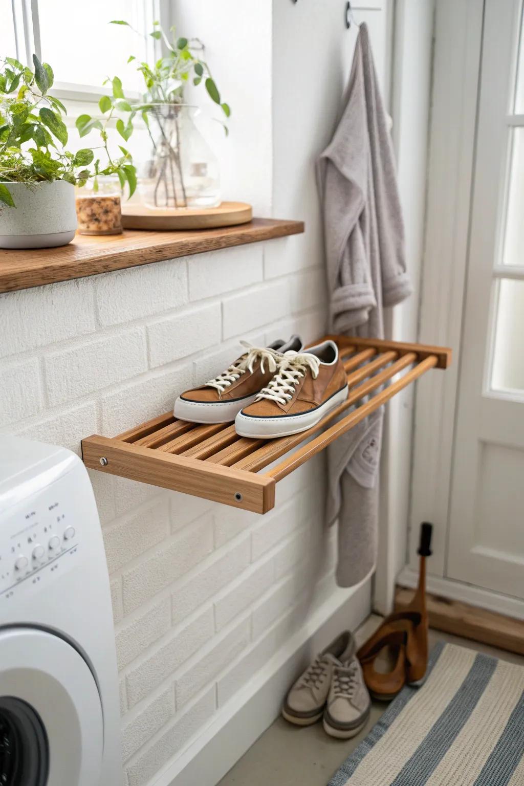 Cedar slat shelf by the dryer vent—airflow + odor control for rainy-day shoes.