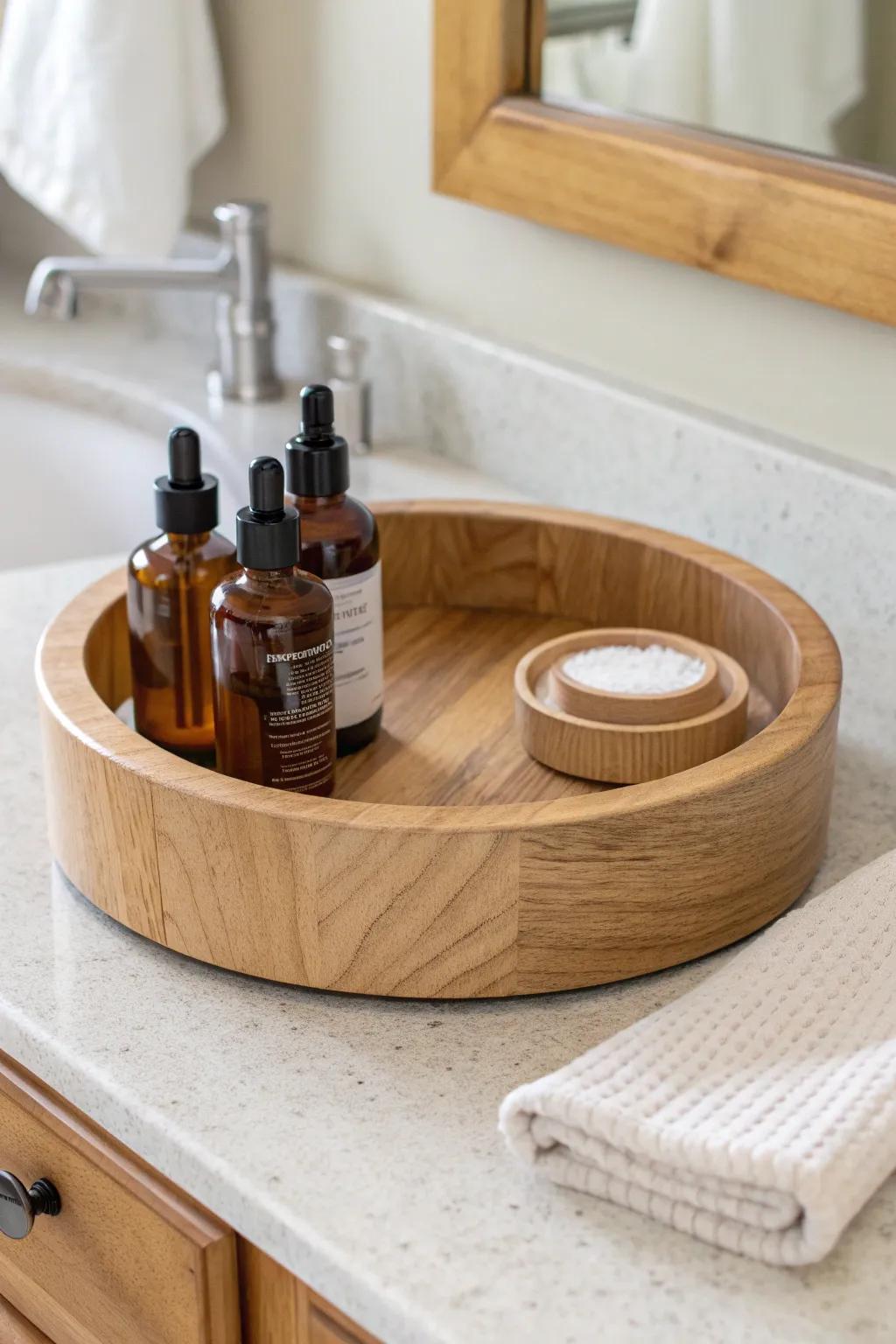 Apothecary-style wooden lazy Susan—sealed, smooth, and perfect for a steamy bathroom vanity.
