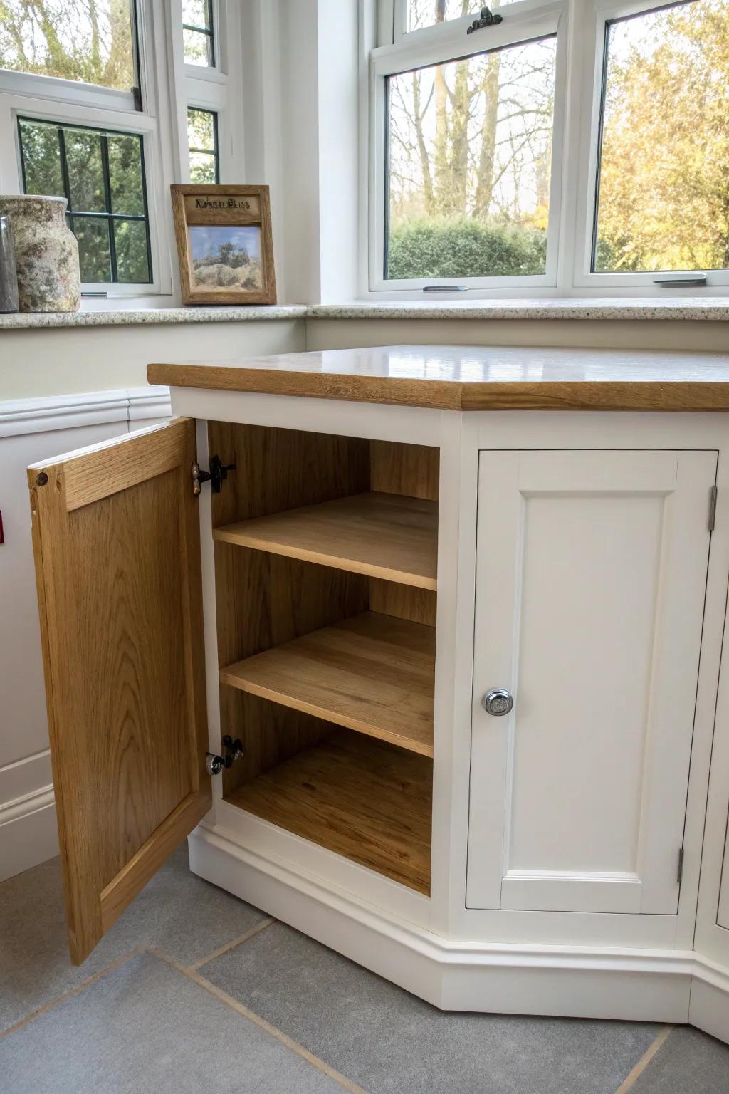 Appliance garage upgrade: a corner shelf with a clean cord route keeps countertops calm.