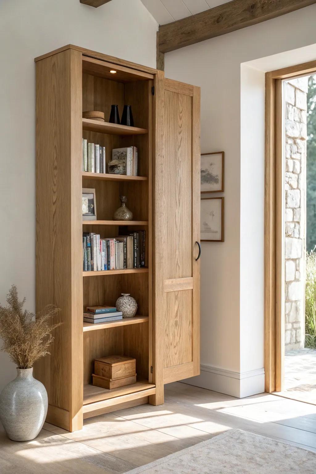 A secret bookshelf door in light oak—minimal, boho-soft, and crafted for a wow-factor library.
