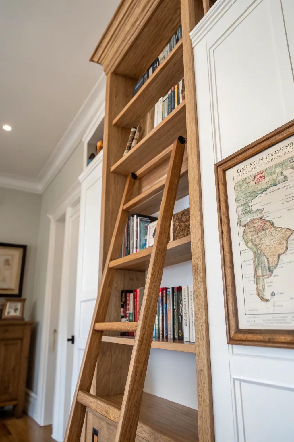 Classic library cue: a ladder rail molding with a slim ledge trim that doubles as a picture shelf.