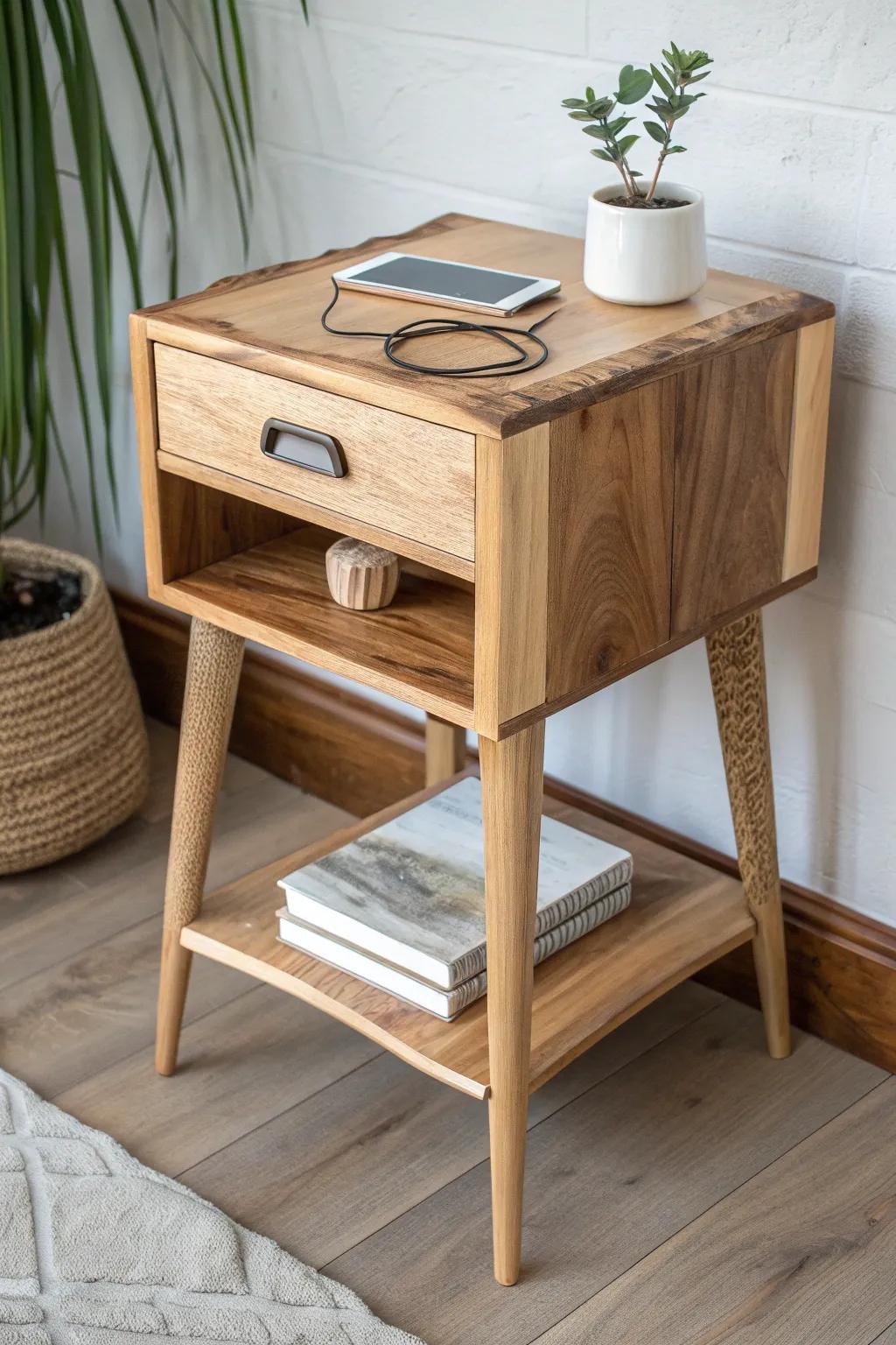 Live edge nightstand with a hidden drawer—clean top, warm grain, and clever bedside storage.