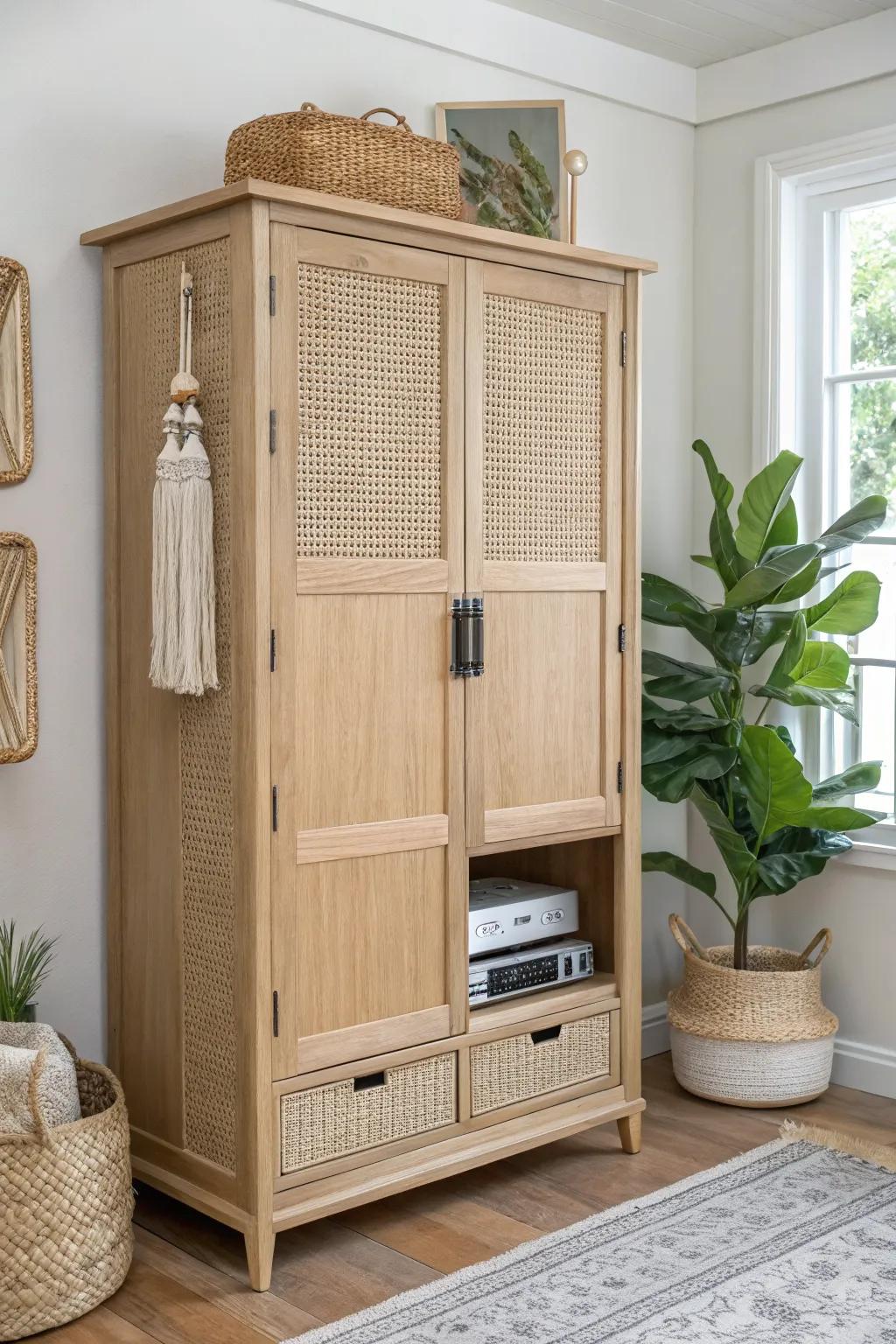 A calm, hidden tech hub inside a light oak armoire—charging, router, and cords neatly tucked away.