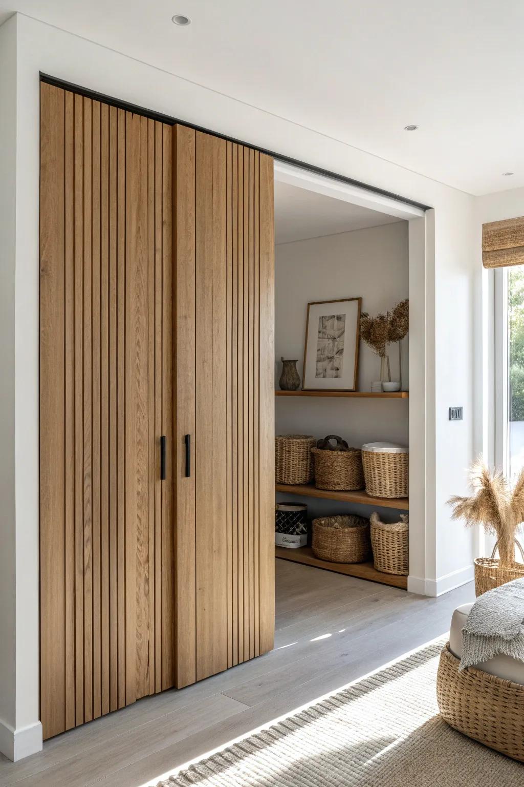 Hidden cleaning closet in oak slat paneling—keeps the living room serene and clutter-free.