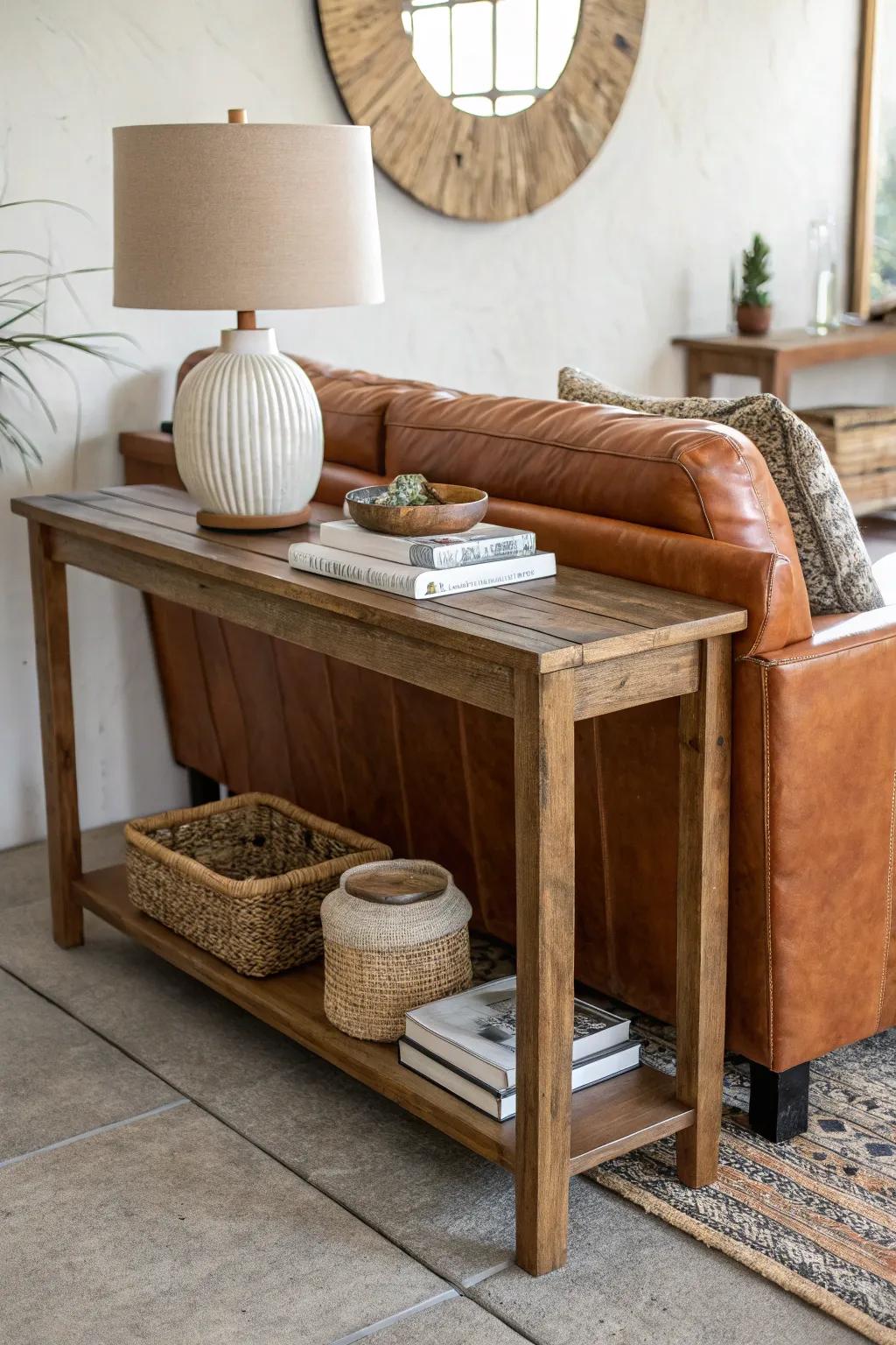 A slim reclaimed-wood sofa table adds warmth, hides cords, and elevates a brown couch.