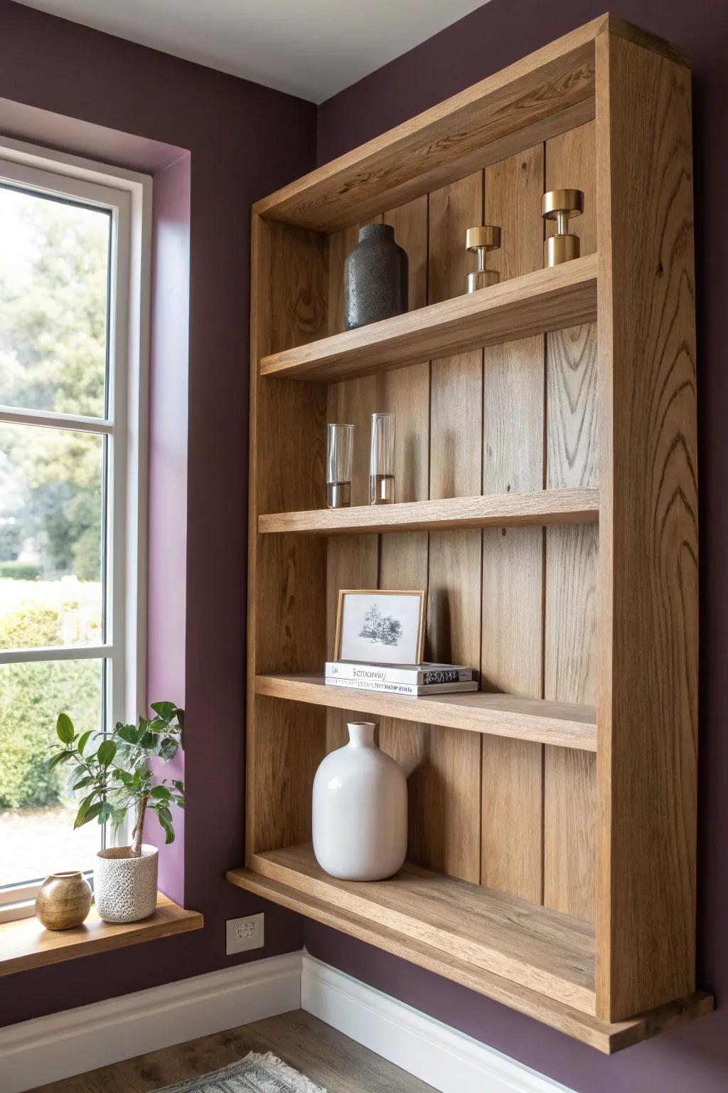 Aubergine walls make oak grain glow—soft off-white and brass keep it warm and inviting.