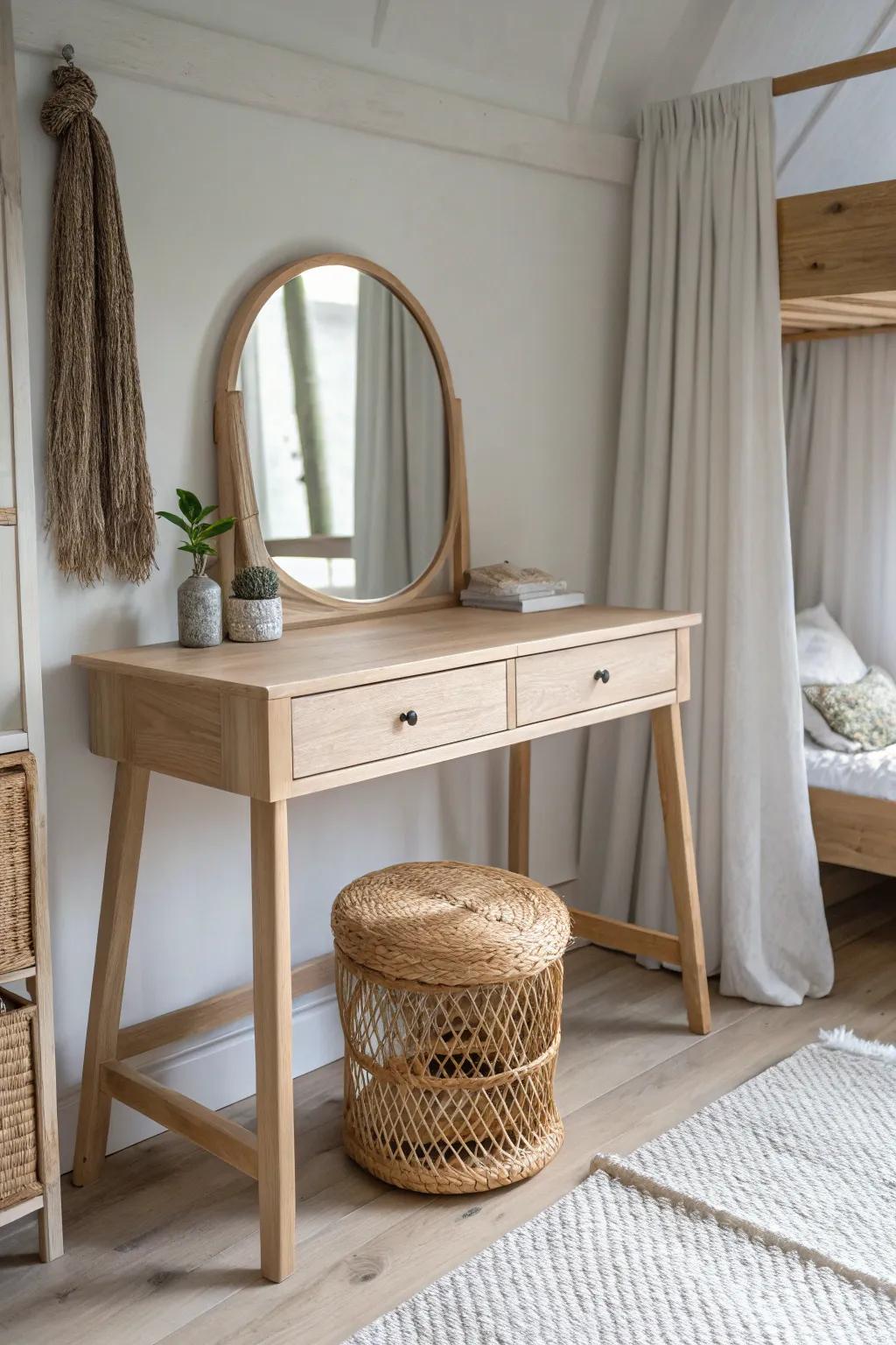 A boutique-style vanity corner tucked under the loft bed—simple, warm, and handcrafted.