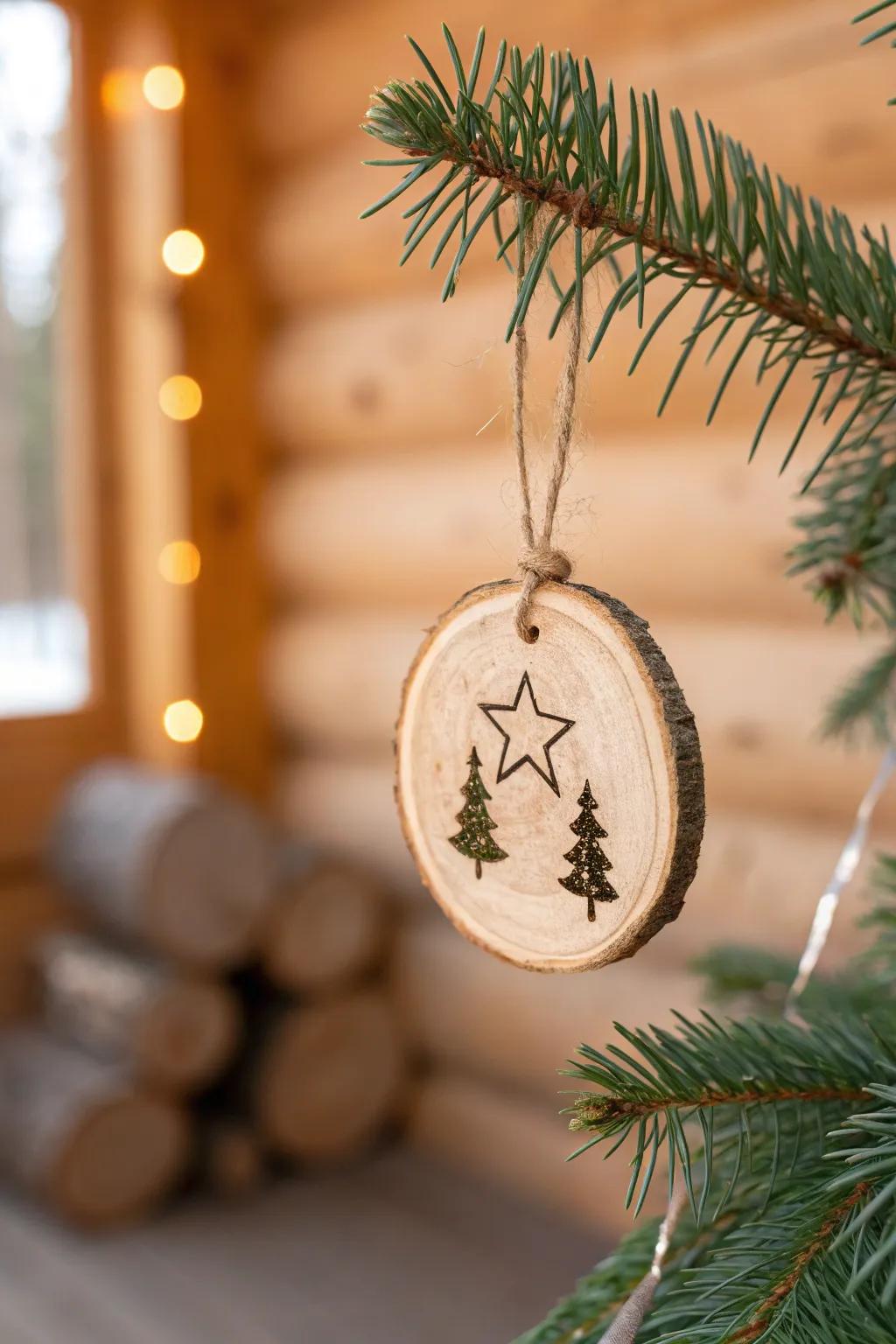 Hand-burned wood slice ornament with twine—simple, cozy log cabin Christmas charm.
