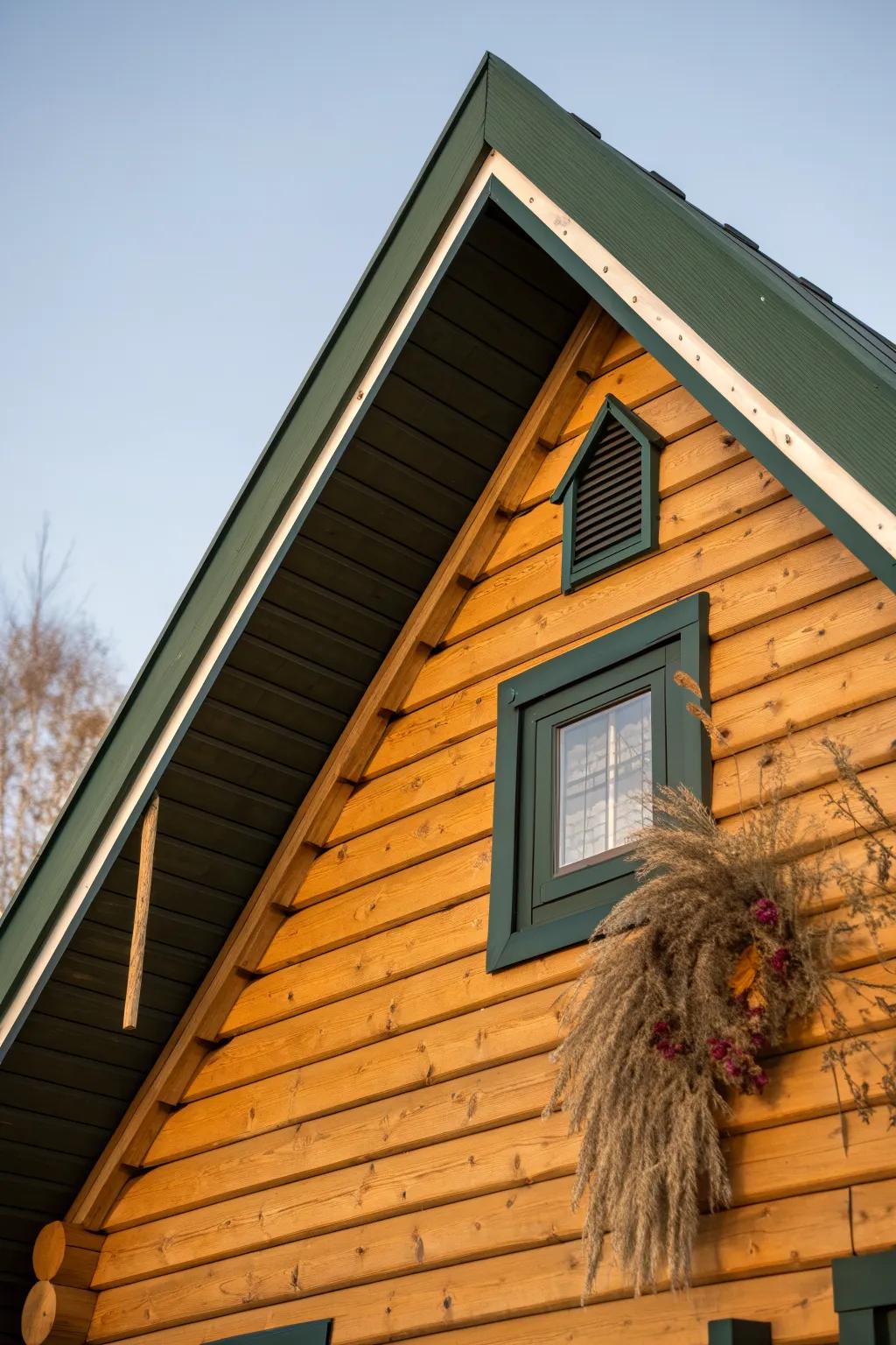 Deep green painted gable ends add a crisp, custom frame to your cabin’s roofline.