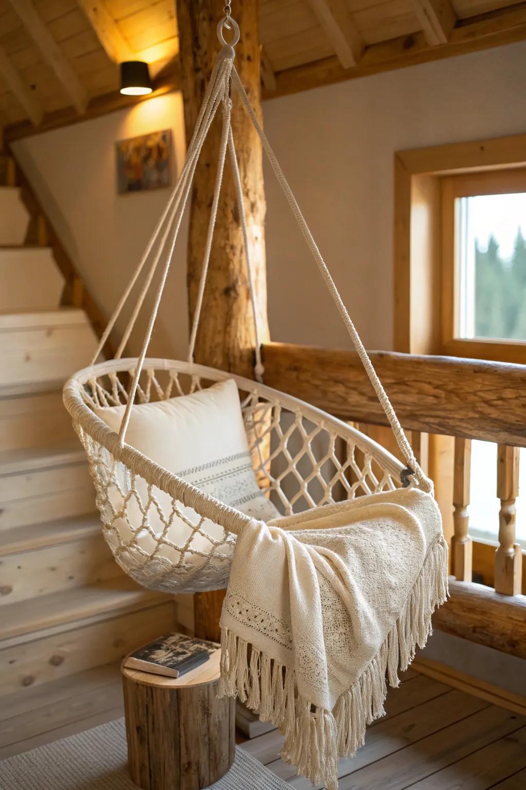 A cozy loft reading nook: a macramé hammock chair swinging from a rustic cabin beam.