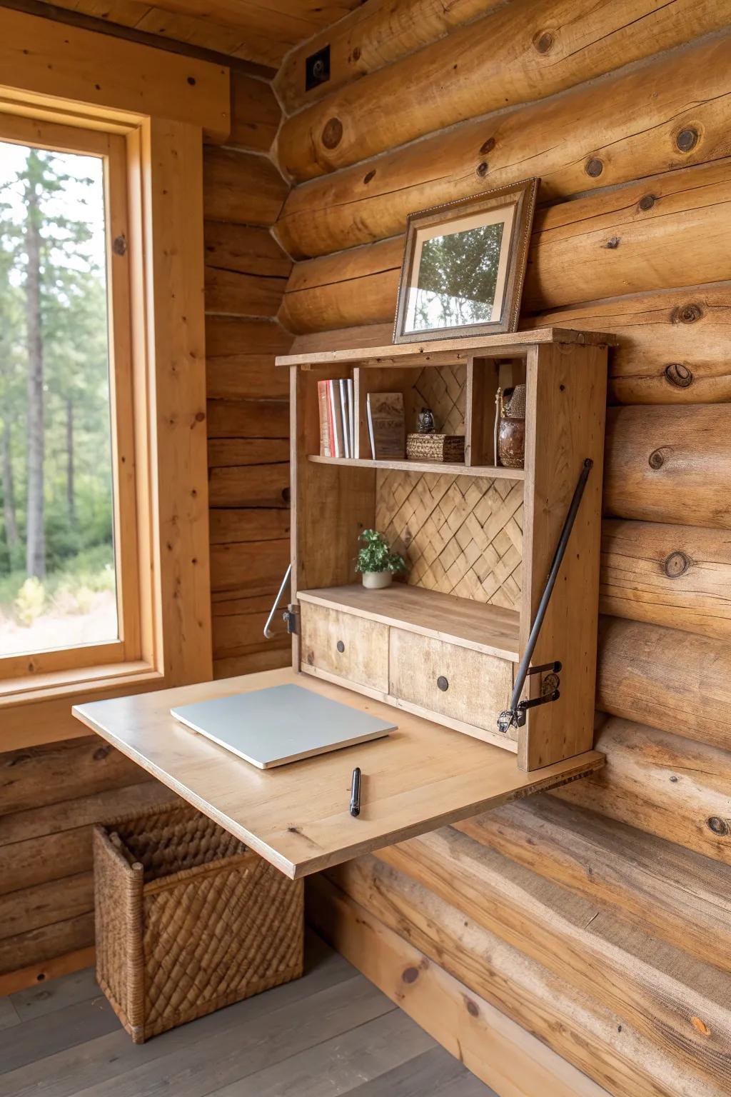 Fold-down reclaimed wood wall desk—tiny-cabin office magic with warm light and clean lines.