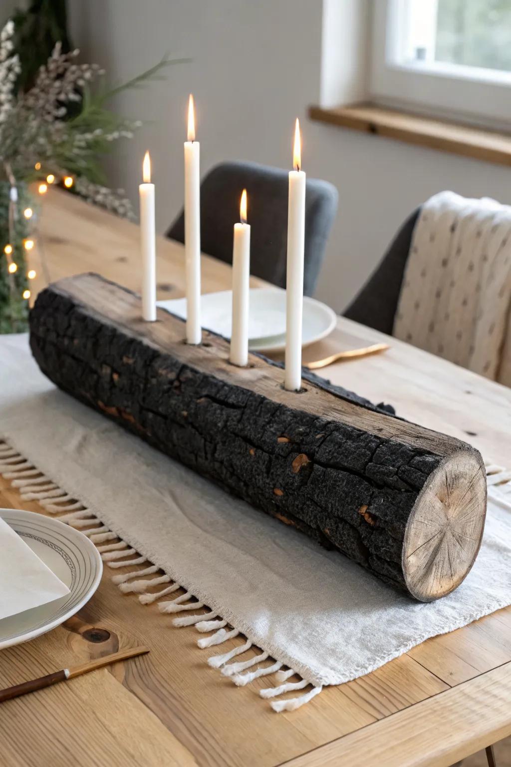 Charred log centerpiece with simple white tapers—bold contrast, minimalist and handcrafted.