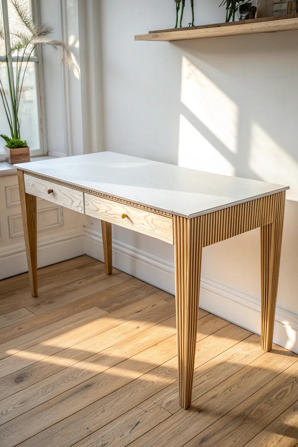 Plywood long desk with a thick edge—slab look, minimal lines, and a durable clear coat.