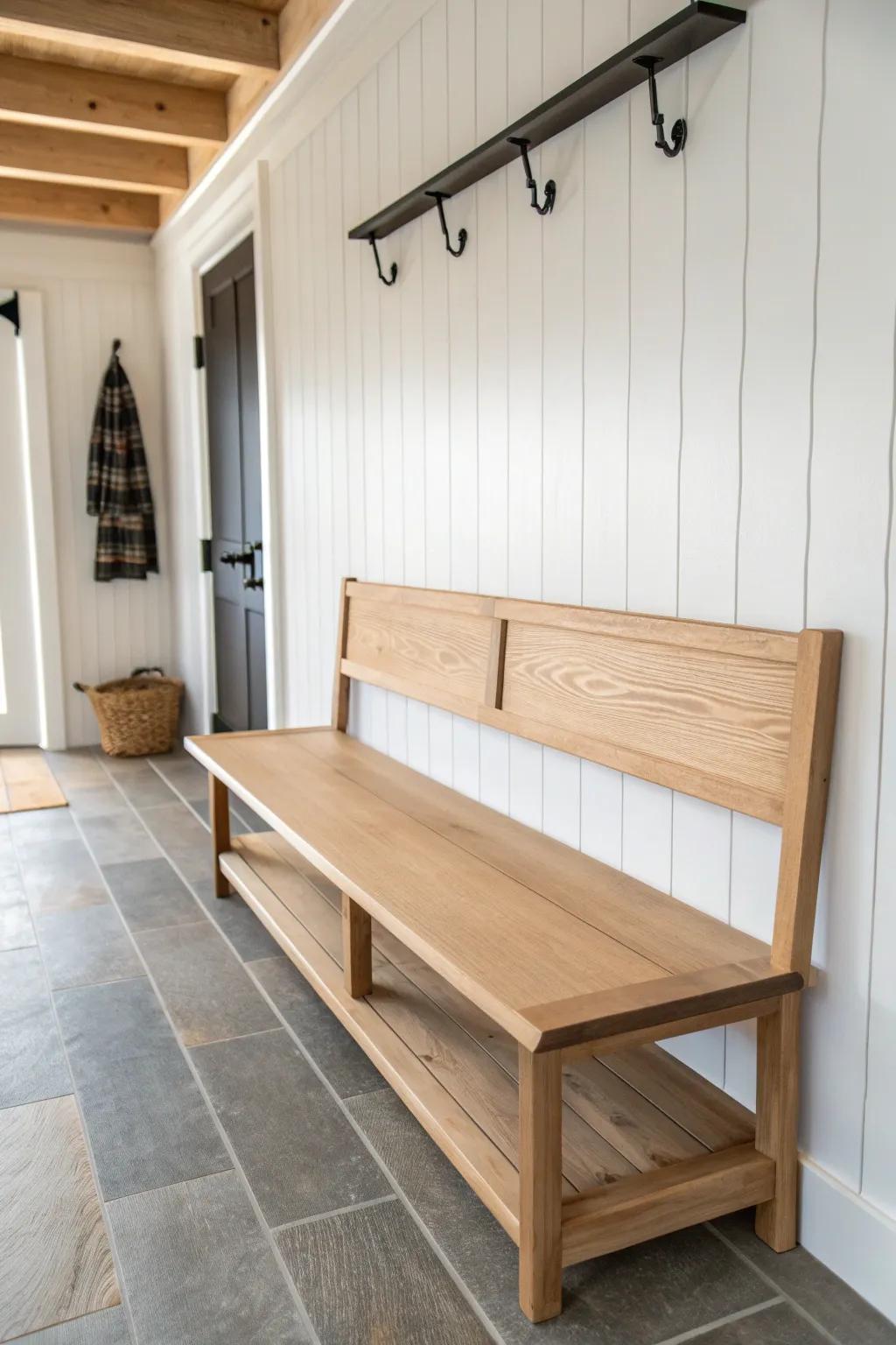 A flip-down oak bench adds a “magic” seat in extra-tight, long narrow mudrooms.