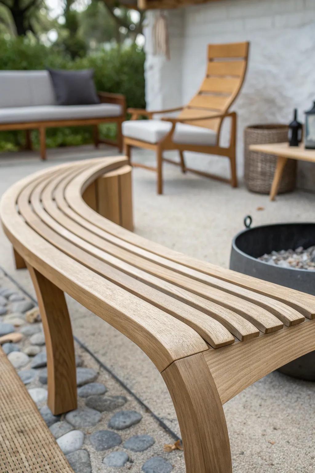 Curved wood bench completes the fire pit circle—minimal, cozy, and crafted for mixing seats.
