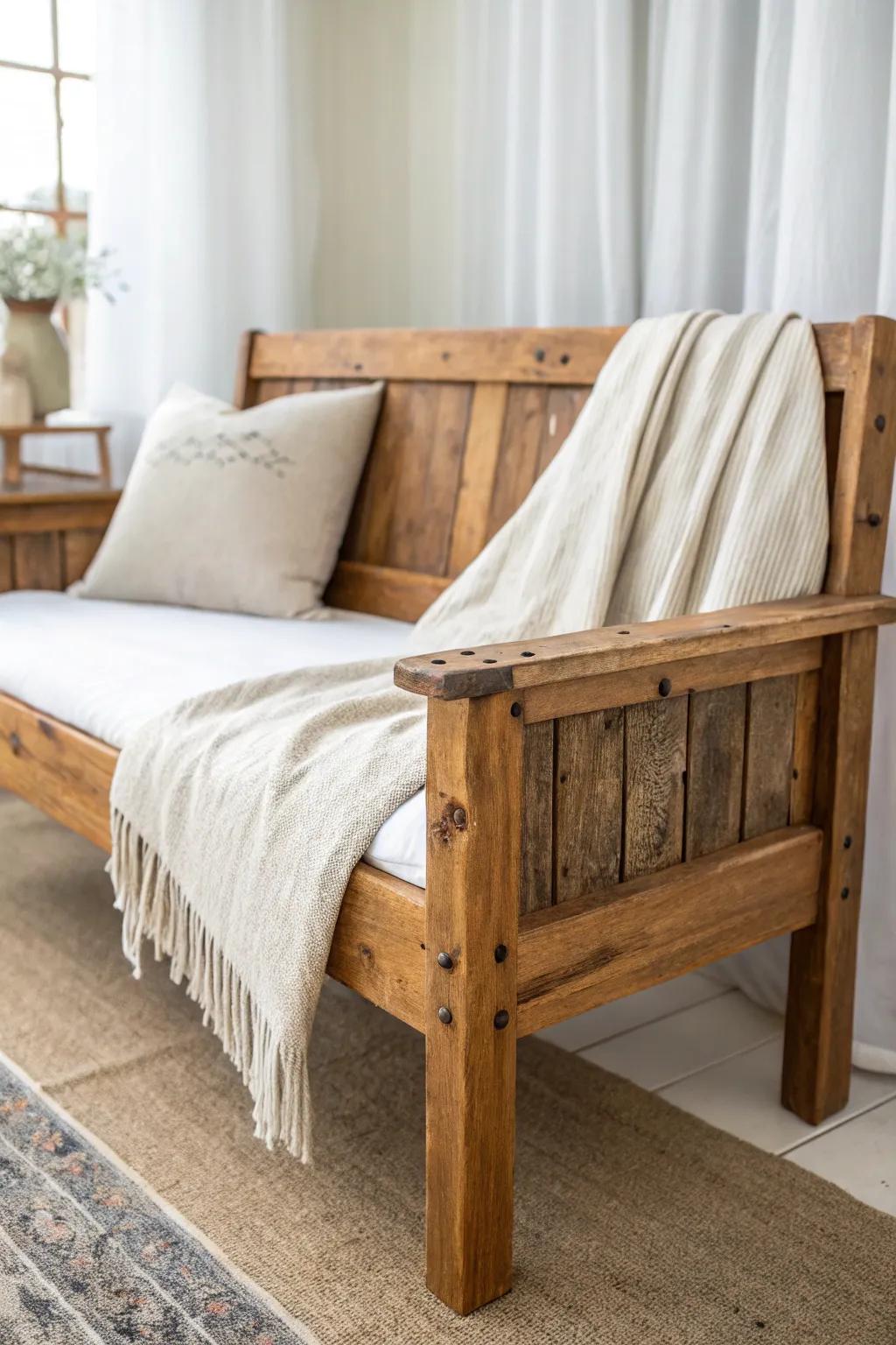 Handmade reclaimed-wood settee at the foot of the bed—rustic grain, calm minimalist vibes.