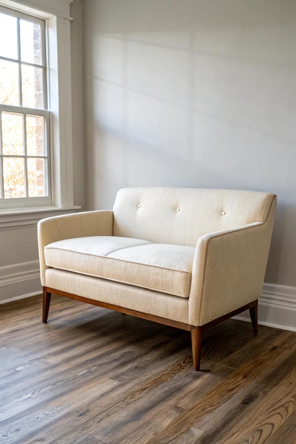 Thrifted loveseat glow-up: fresh linen, new foam, and warm-stained wood legs.