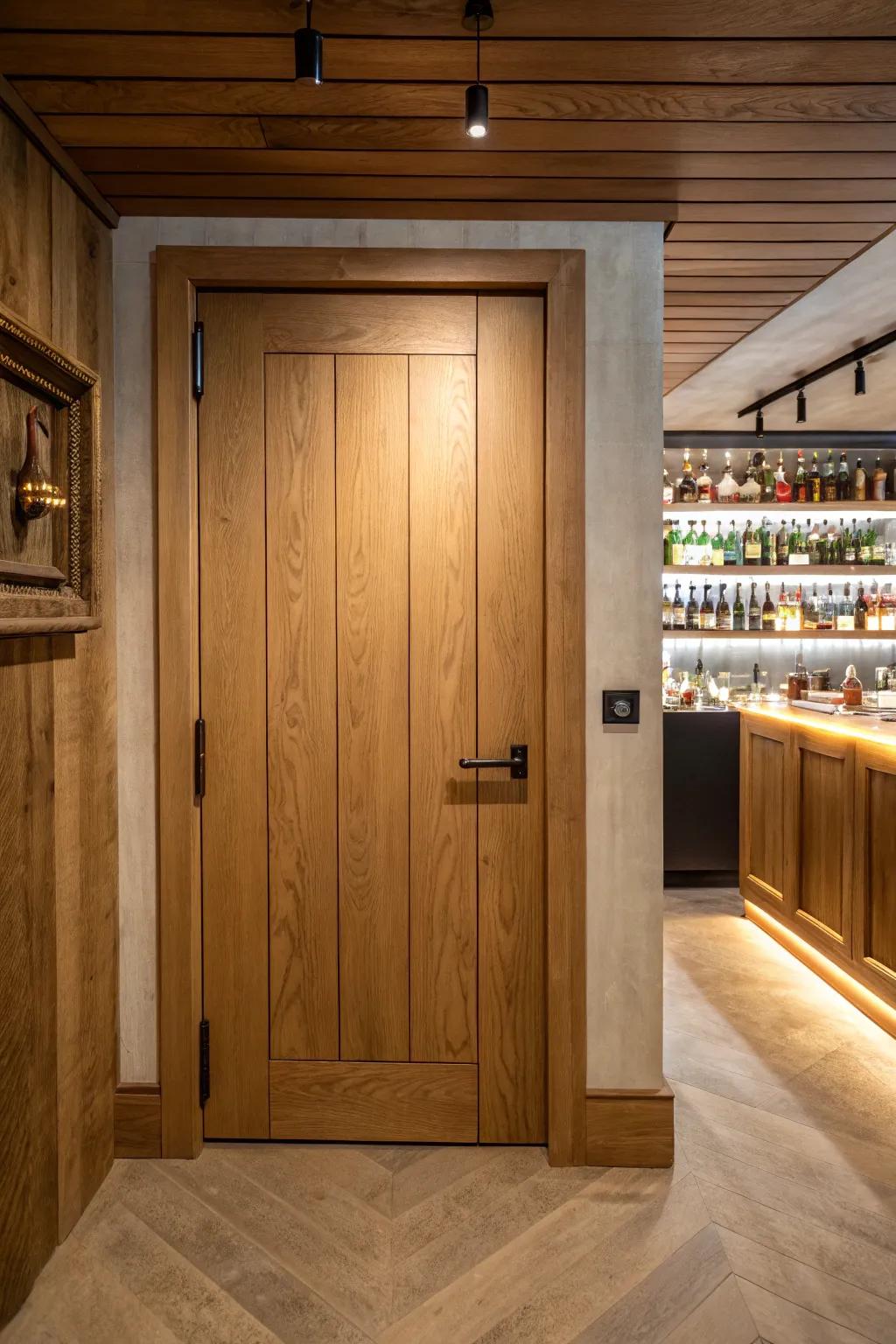 A secret oak panel door that opens to your basement bar—instant private club energy.