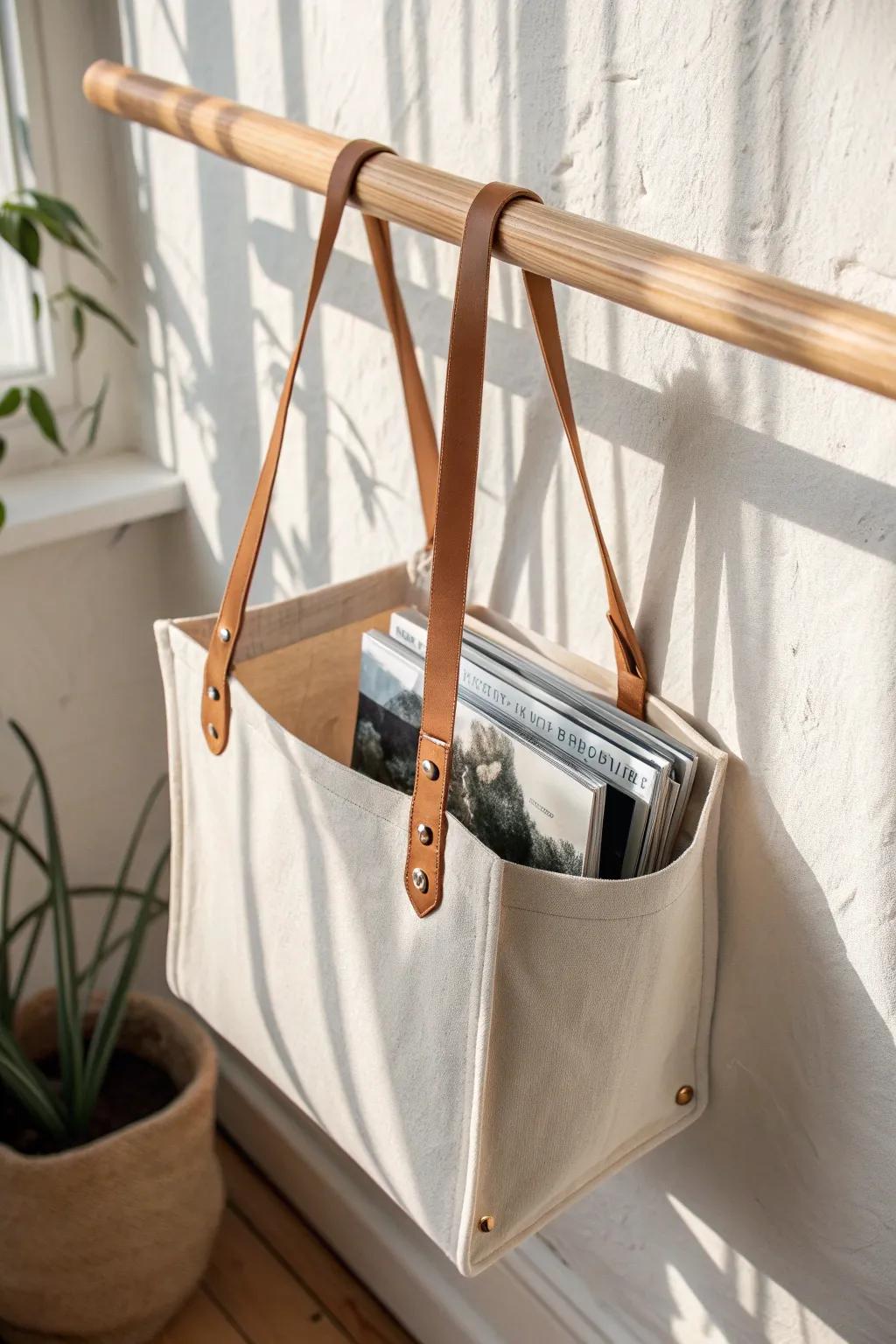 Canvas sling on an oak dowel—an elegant, space-saving magazine holder with crafted detail.