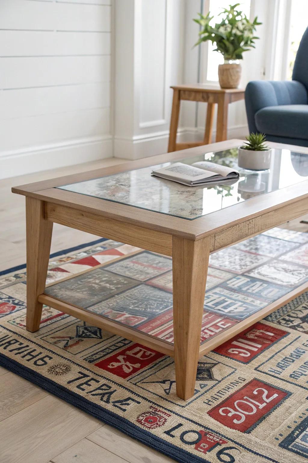 Handmade coffee table with vintage plates sealed under clear glass—garage nostalgia, beautifully refined.