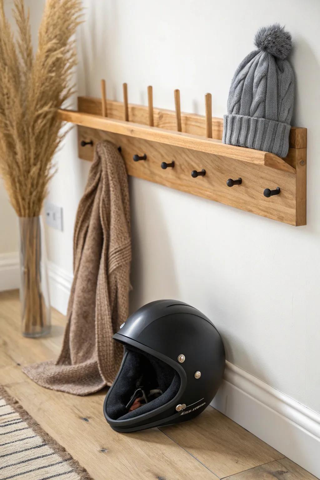 Minimalist dowel rack that keeps hats and helmets tidy—rugged wood, clean lines, calm vibes.