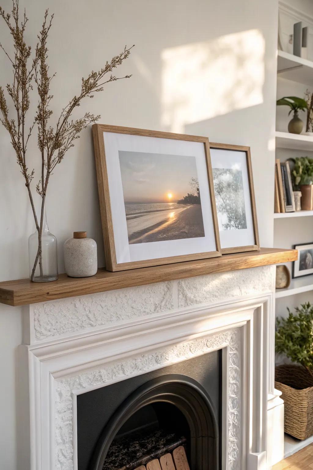 A slim oak picture ledge turns your mantel into a rotating mini gallery—no extra nail holes.