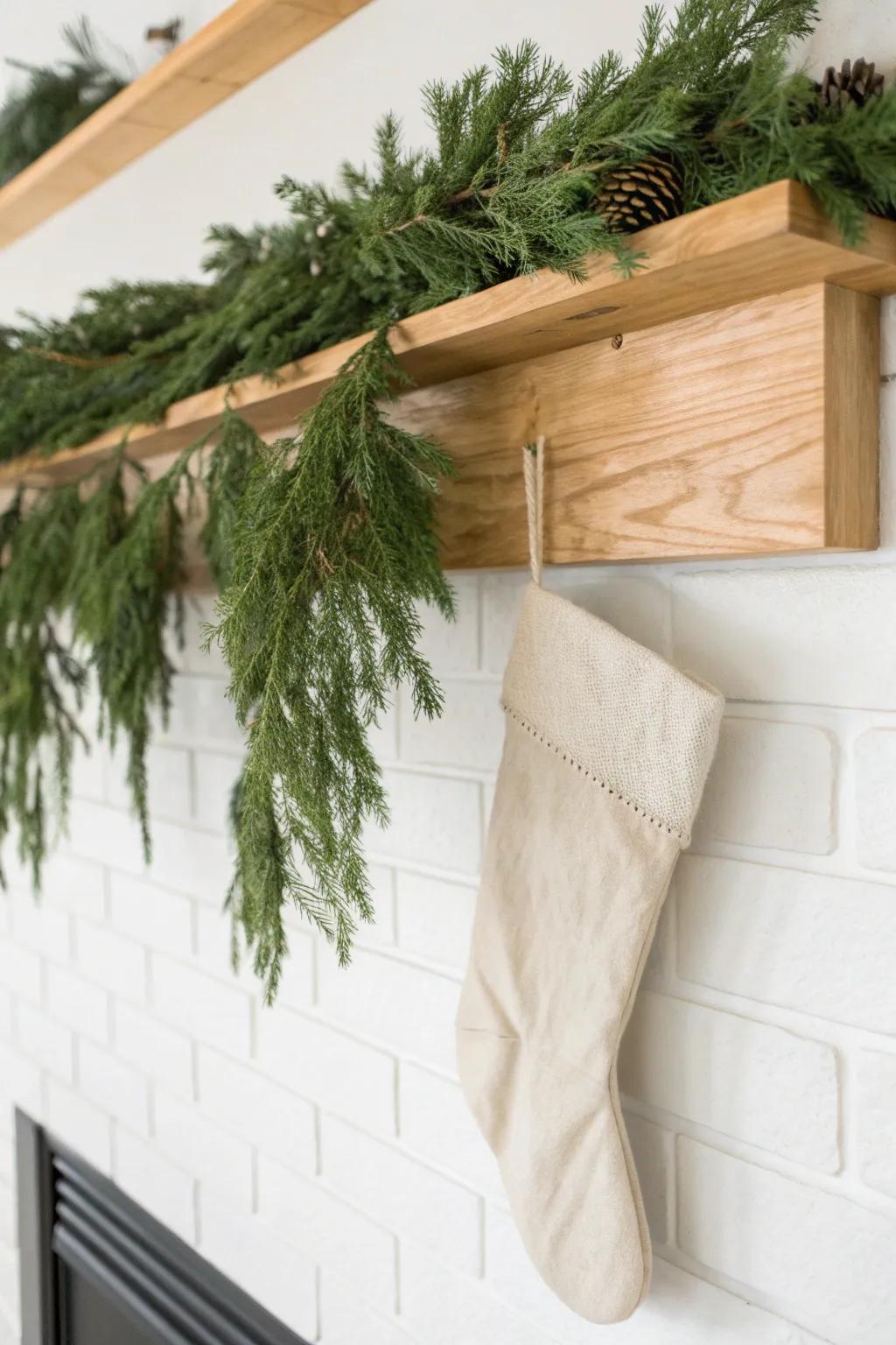 Let lush greenery hide the hooks so your stockings float on a clean, cozy wood mantel.