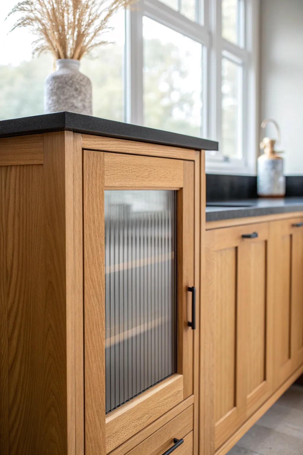 Reeded glass in maple cabinets adds custom texture that pops against black countertops.