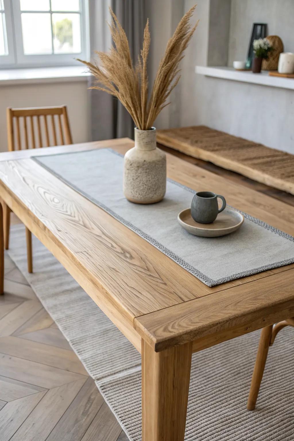 Oak warmth meets a sleek concrete inlay—an effortless modern centerpiece for a masculine dining room.