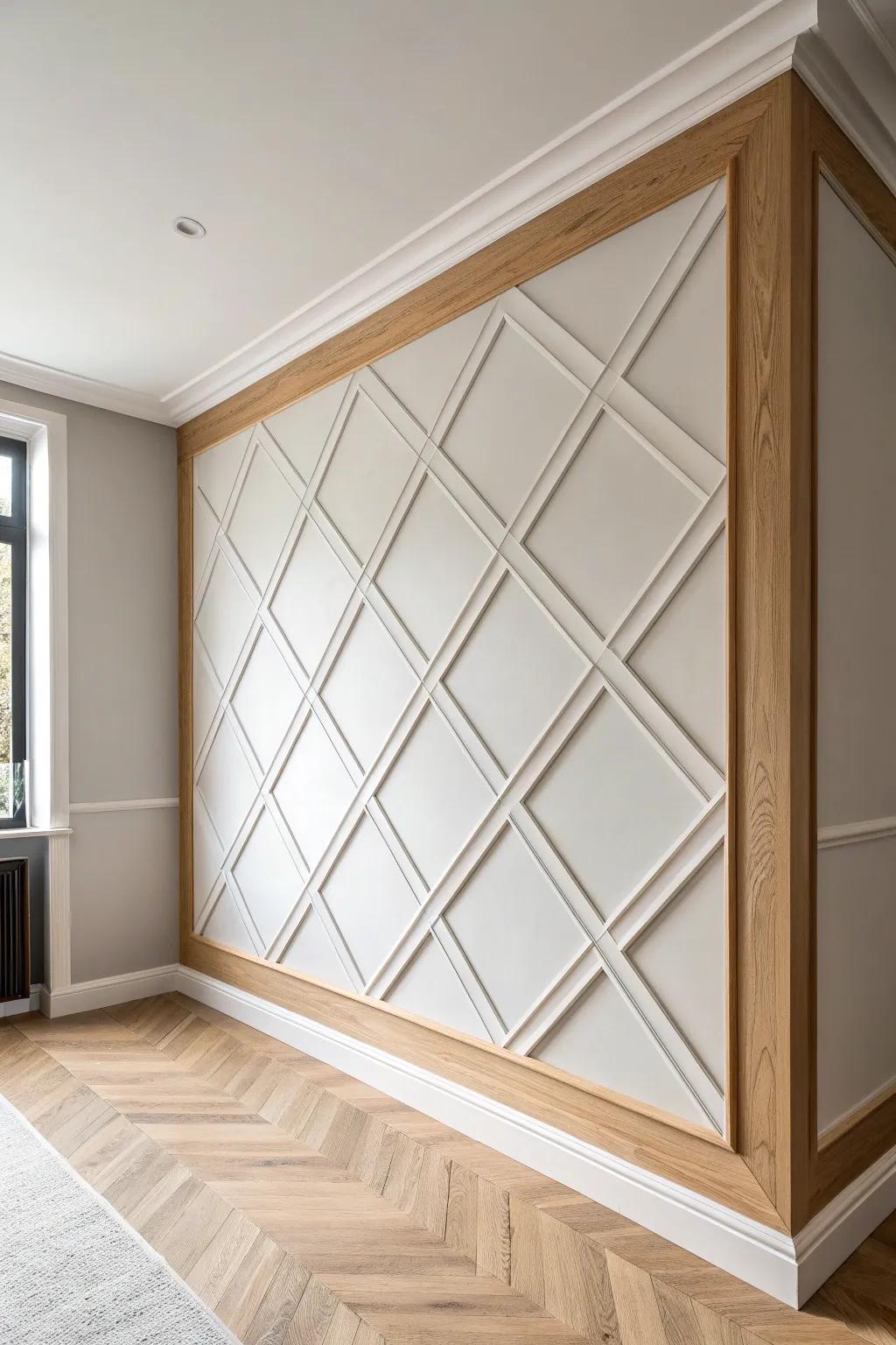 Diagonal grid wall molding: a bold geometric twist that still feels calm, crafted, and modern.