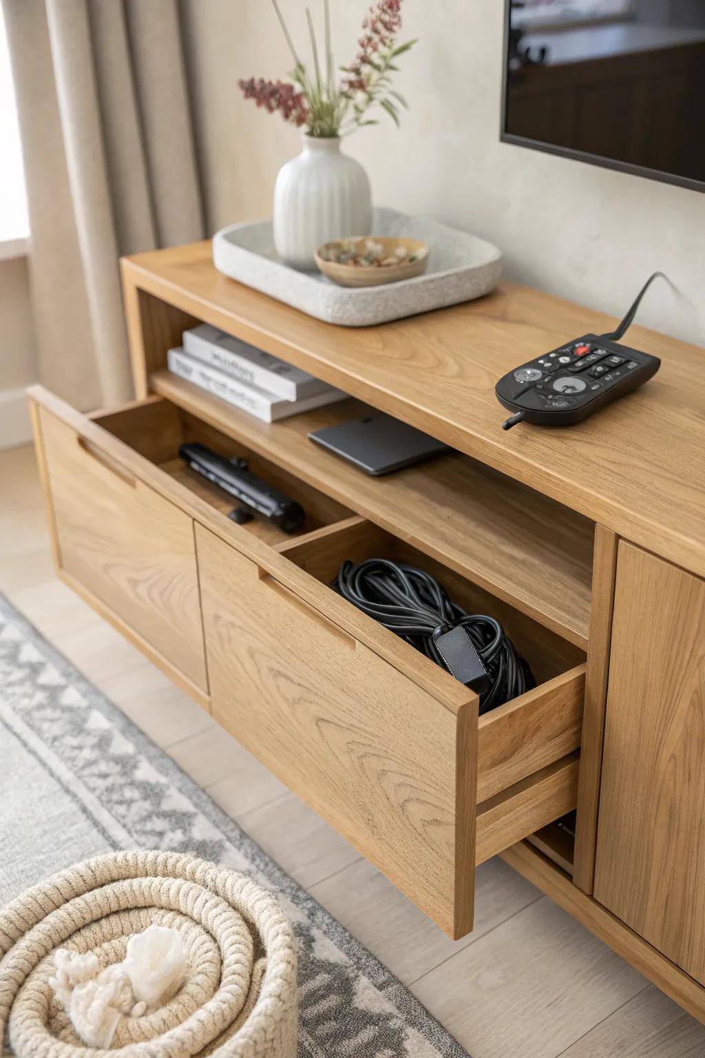 Lift-top media cabinet keeps remotes, chargers, and game gear tidy in a hidden tray.